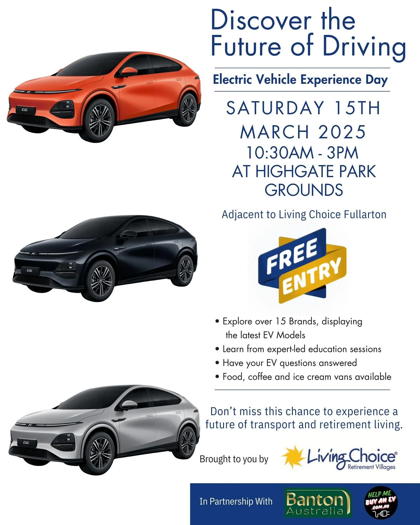 Discover the future of driving in Adelaide this weekend and get up close to the @xpengaustralia G6 on display at the @livingchoiceaustralia Fullarton EV Experience Day, brought to you by Help Me Buy an EV and @banton_australia .

Over 15 brands and 3