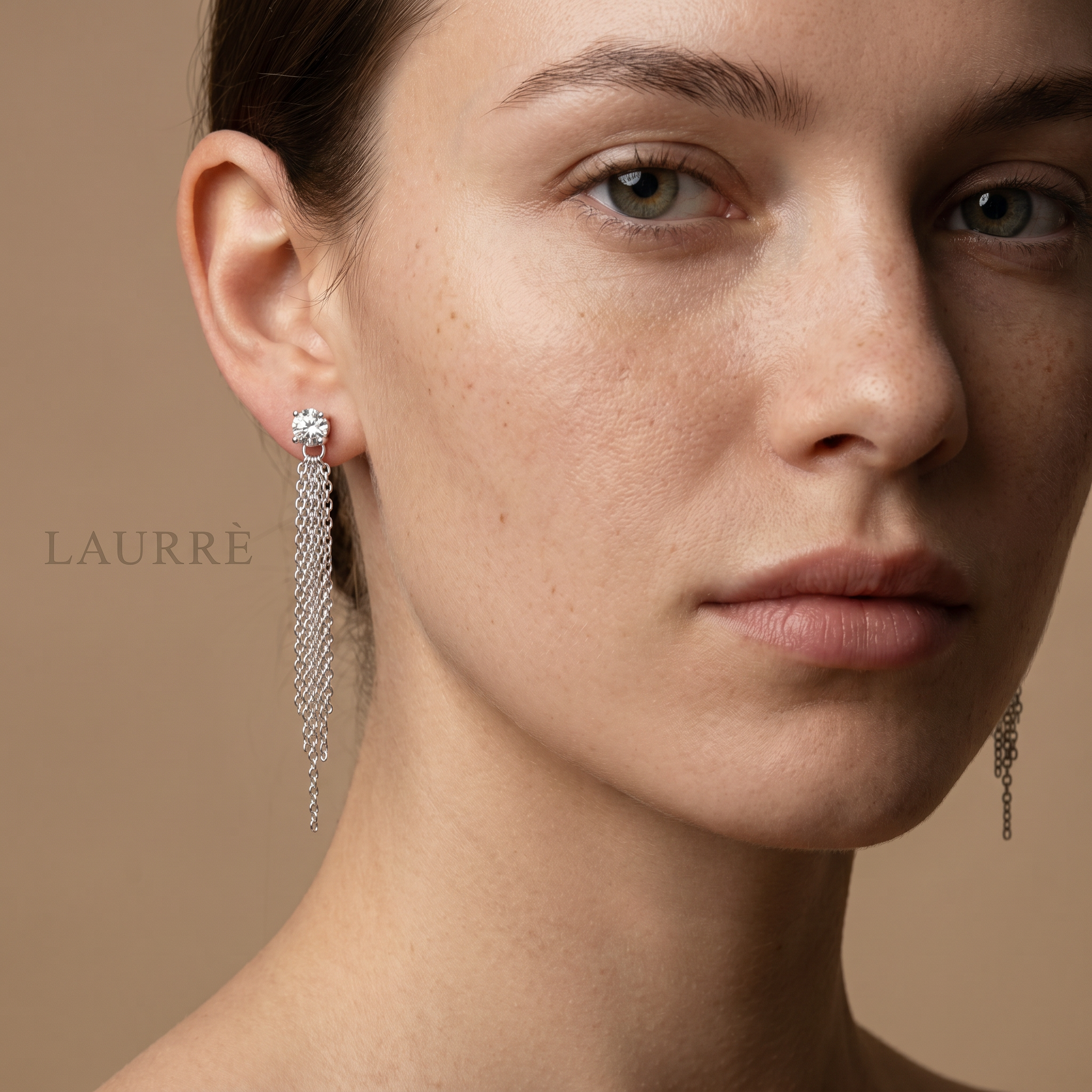 Woman Wearing 925 Sterling Silver Cubic Zirconia Tassel Earrings with Long Chain Drop