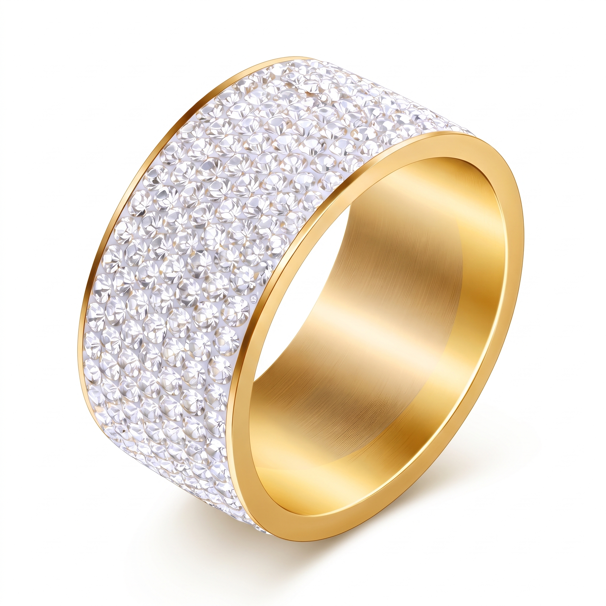 Intensity gold pavé ring in PVD gold-plated stainless steel with clear cubic zirconia, 12 mm wide band on white background