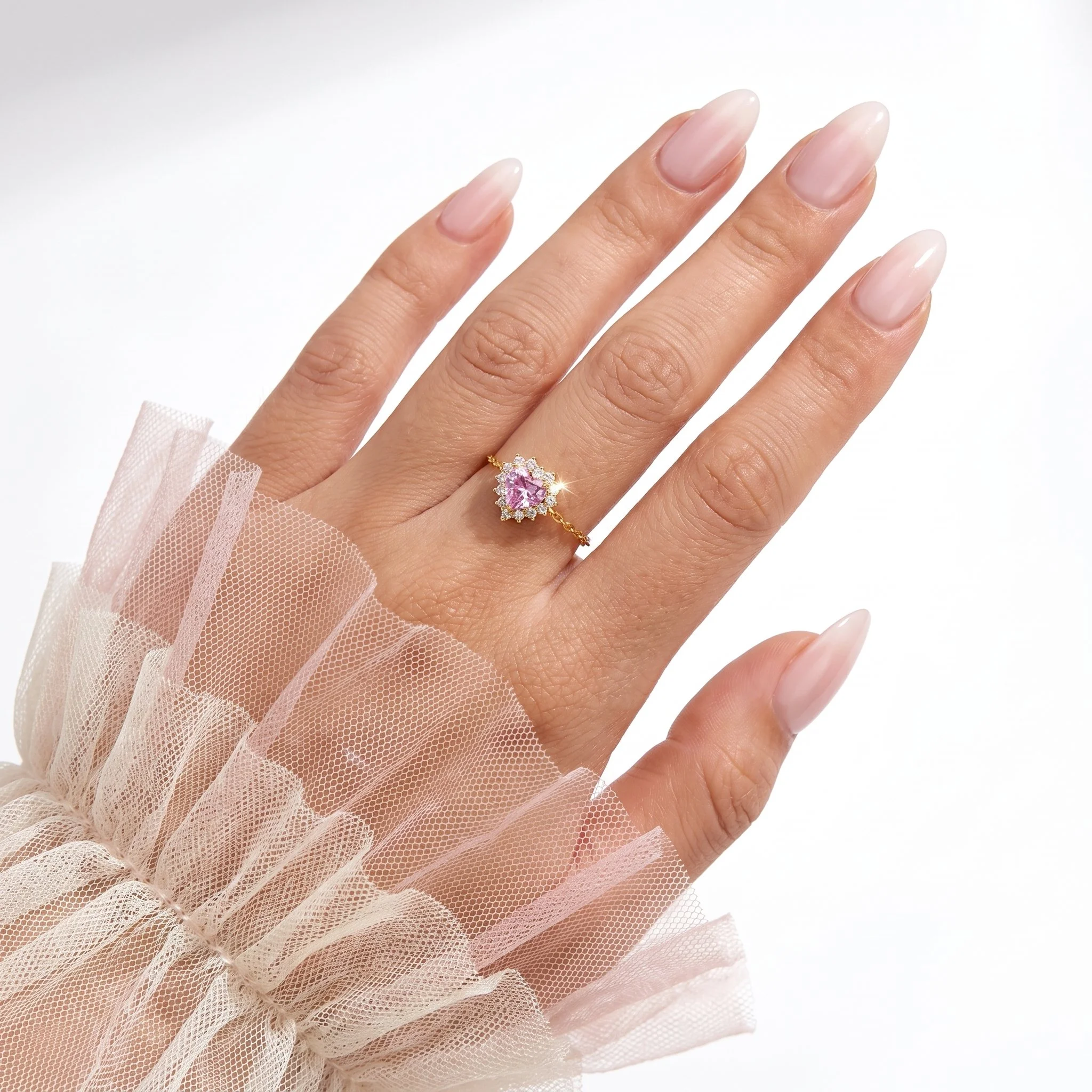Romantic Pink Heart Chain Ring in 925 Sterling Silver with AAAA Zirconia on Female Hand