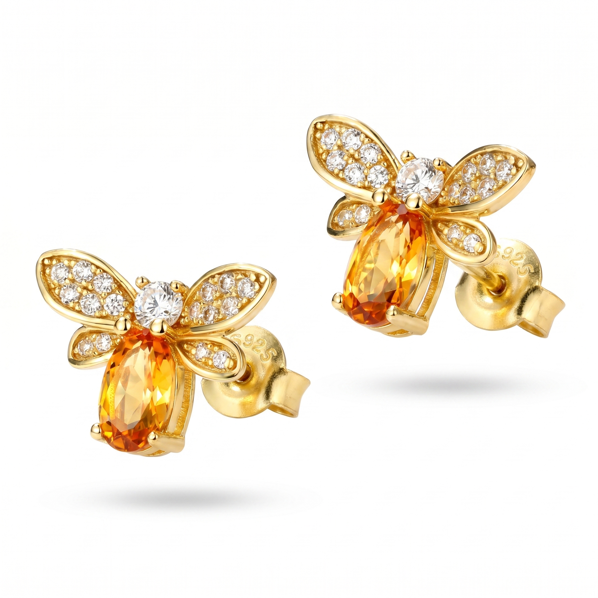 Luxury Honey Bee Earrings with Sparkling Citrine Crystal and Zirconia Stones in Sterling Silver