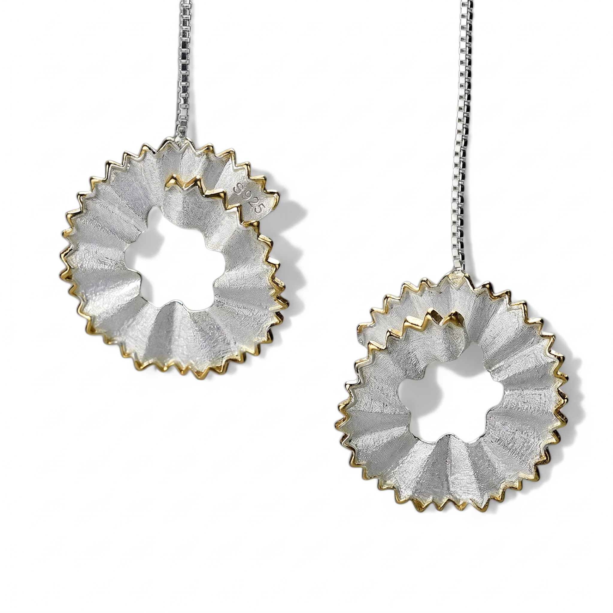925 Sterling Silver Pencil Shaving Drop Earrings – 18K Gold Plated Edges, Long Chain Dangle Earrings for Women