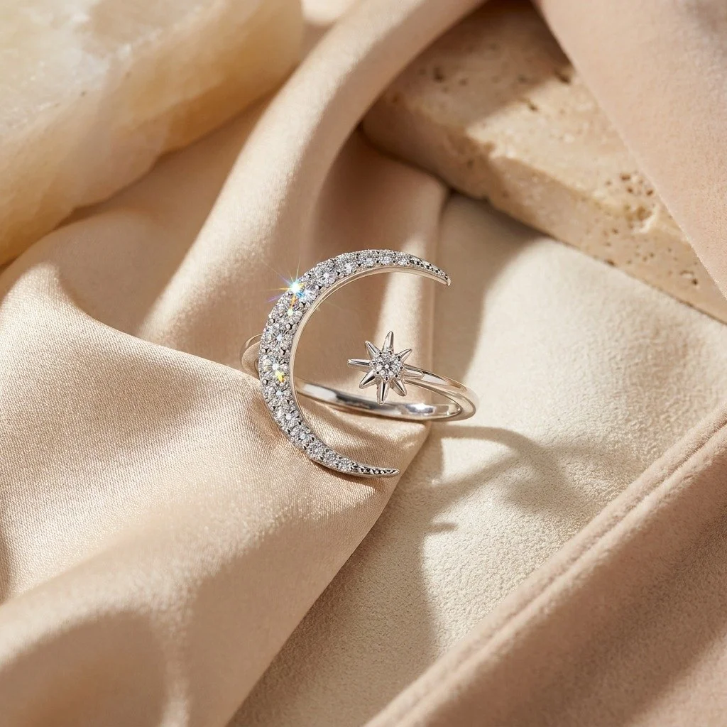Celestial elegance, made to shine every day.
Our moon &amp; star ring is crafted from 925 sterling silver, finished with sparkling zirconia and designed for effortless summer styling. Waterproof, timeless and made to elevate every outfit. 🌙✨

Discov