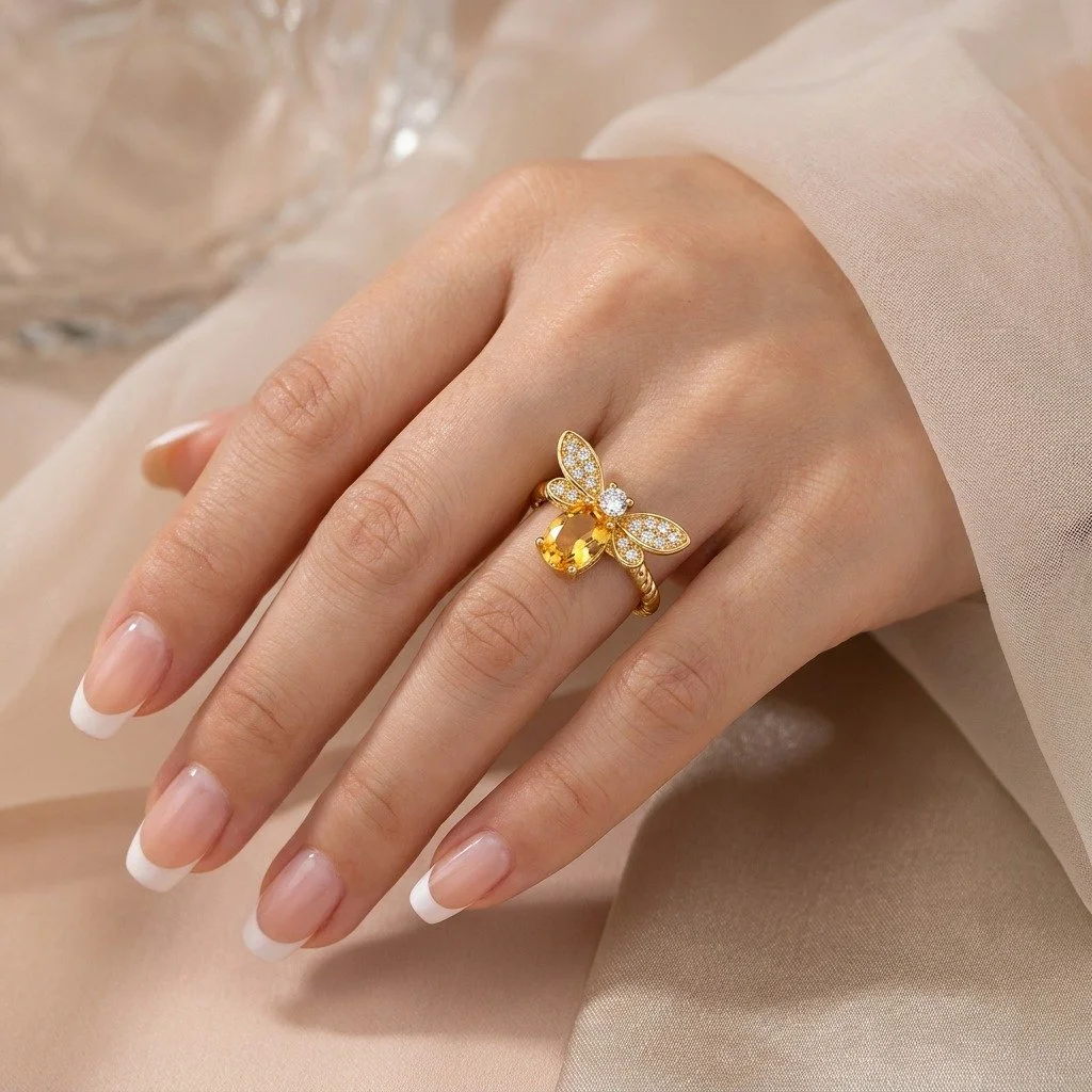 ✨ A little golden magic for summer 

Crafted from 925 sterling silver with luxurious gold plating, this adjustable citrine bee ring is designed to shine effortlessly all season long. The perfect statement piece to style with our matching earrings fro