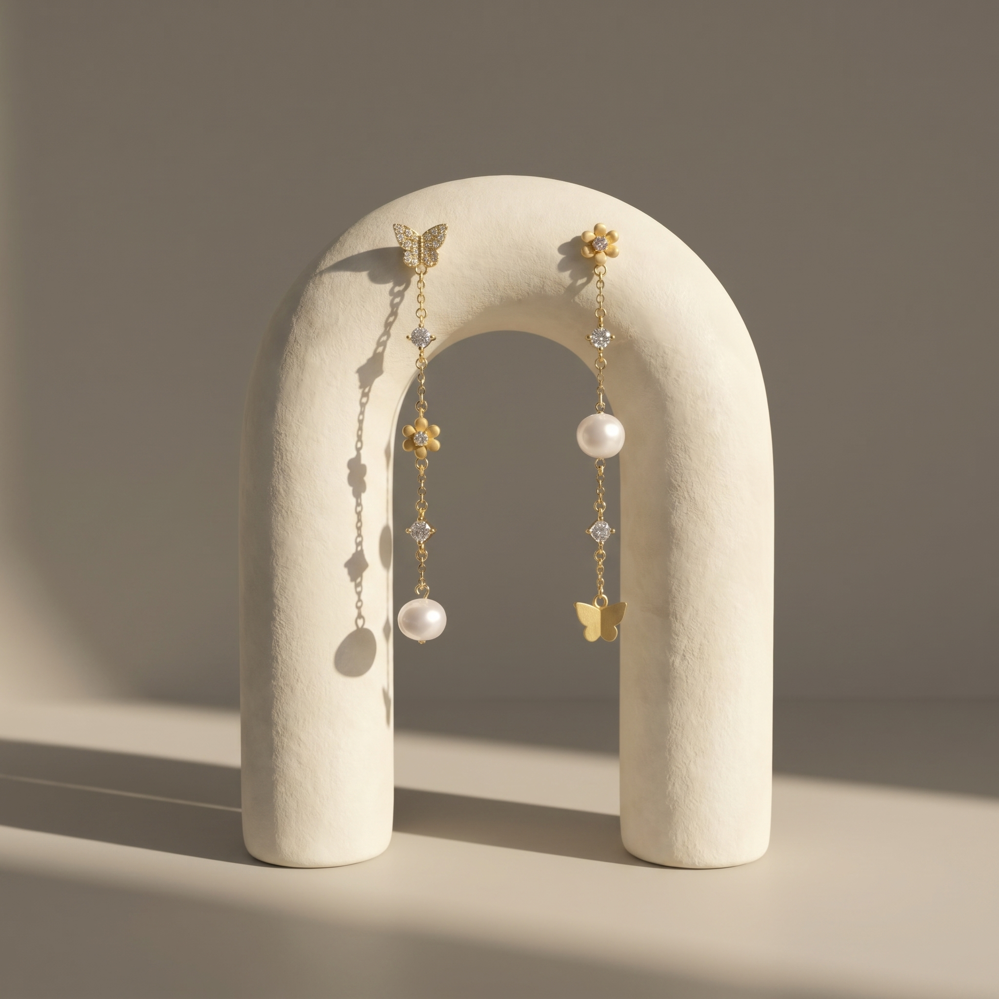 925 sterling silver butterfly and pearl drop earrings, 18K gold plated asymmetrical dangle earrings with zirconia stones