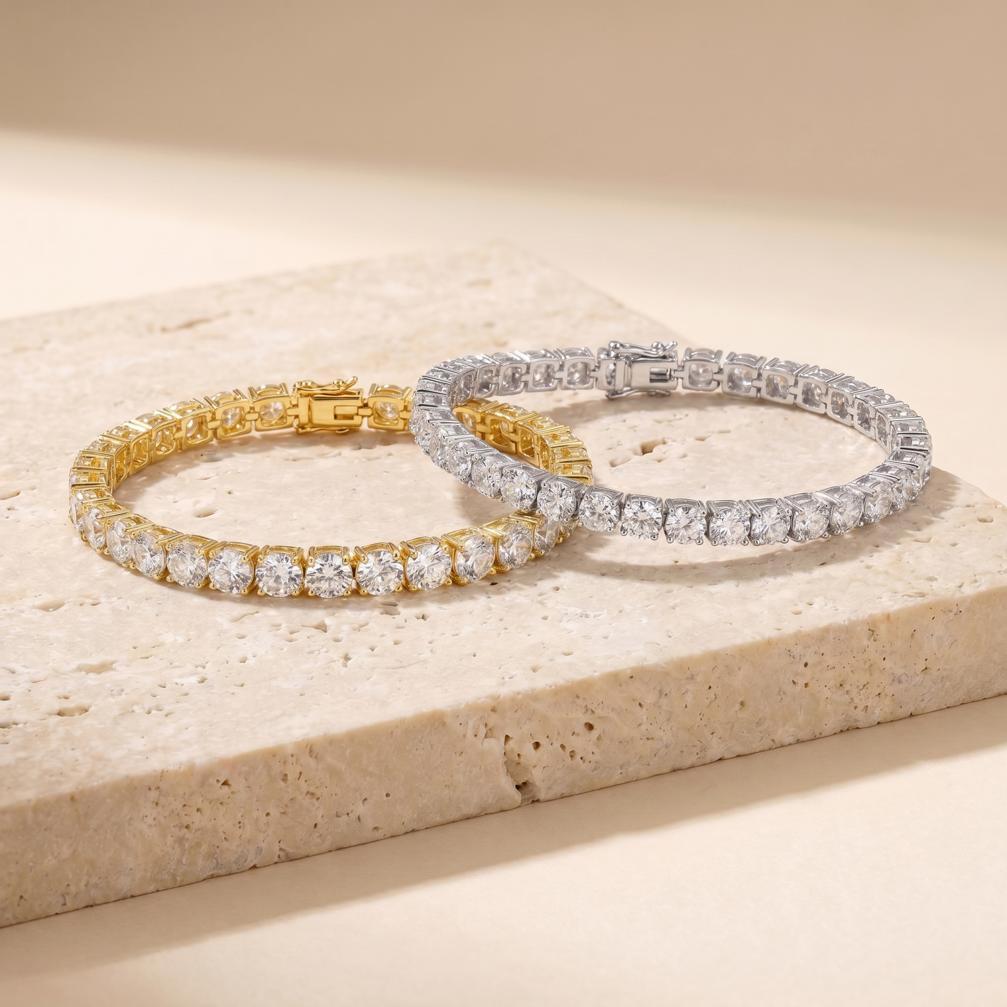 Gold and silver tennis bracelets with AAA cubic zirconia stones