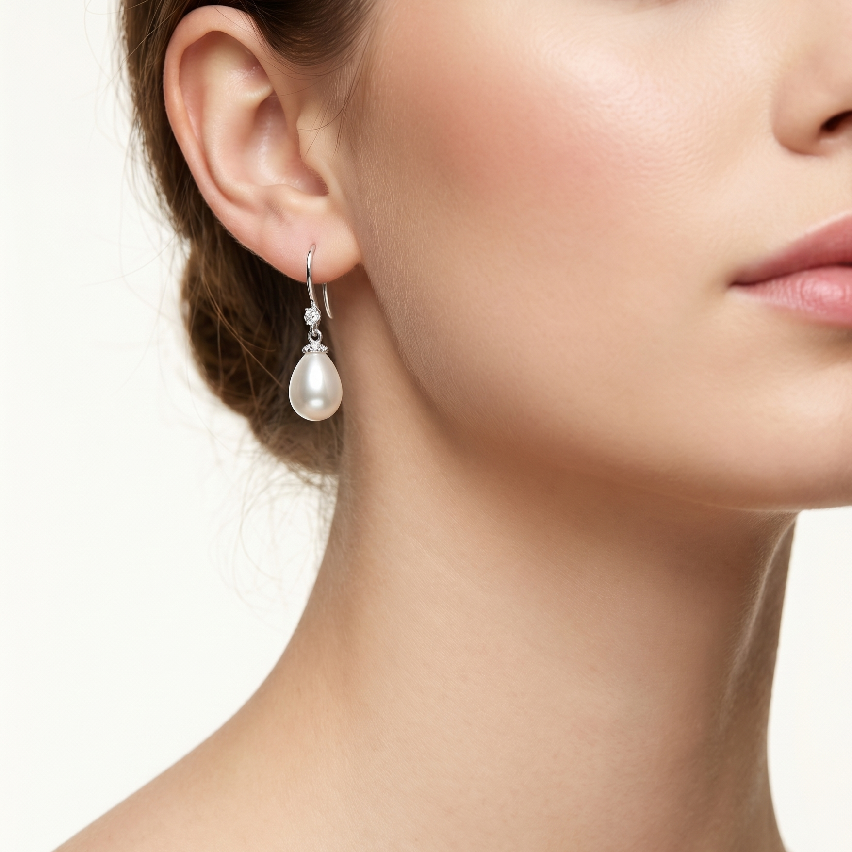 Bridal freshwater pearl drop earrings in 925 sterling silver with zirconia detail, elegant wedding jewellery shown on model.