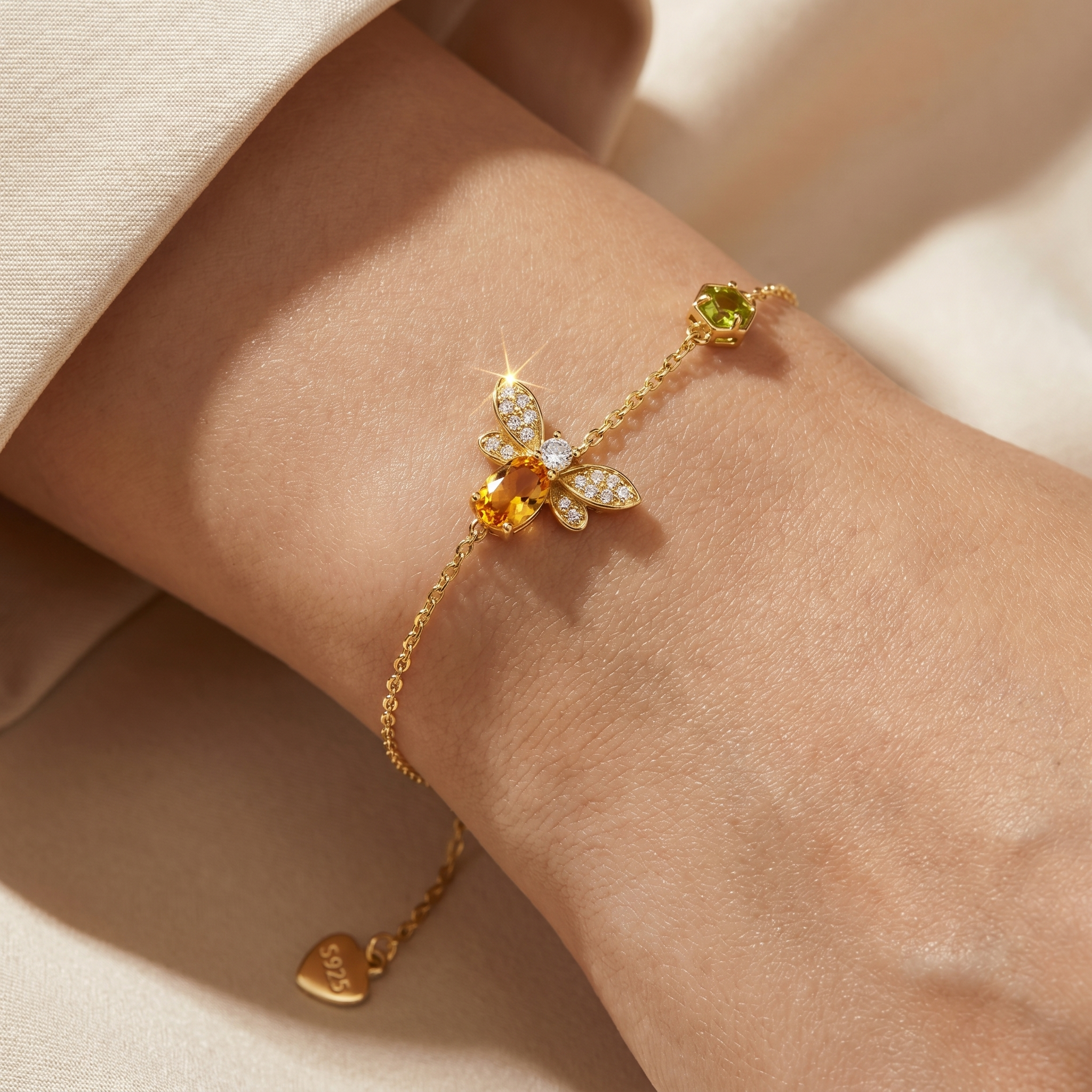 Gold Plated 925 Sterling Silver Natural Citrine Bee Bracelet Worn on Wrist Luxury Jewellery Styling