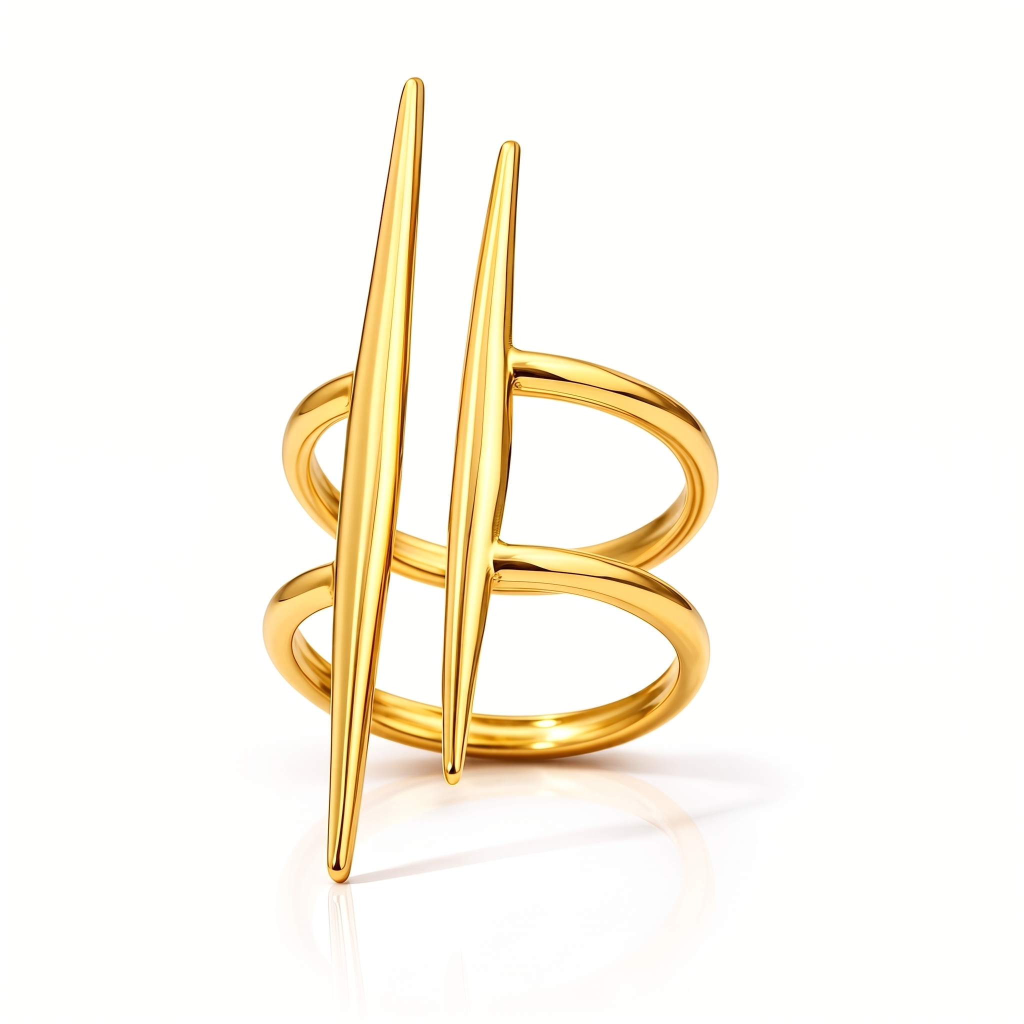 Sculpté adjustable 18K gold plated stainless steel statement ring with sculptural double band design on white background