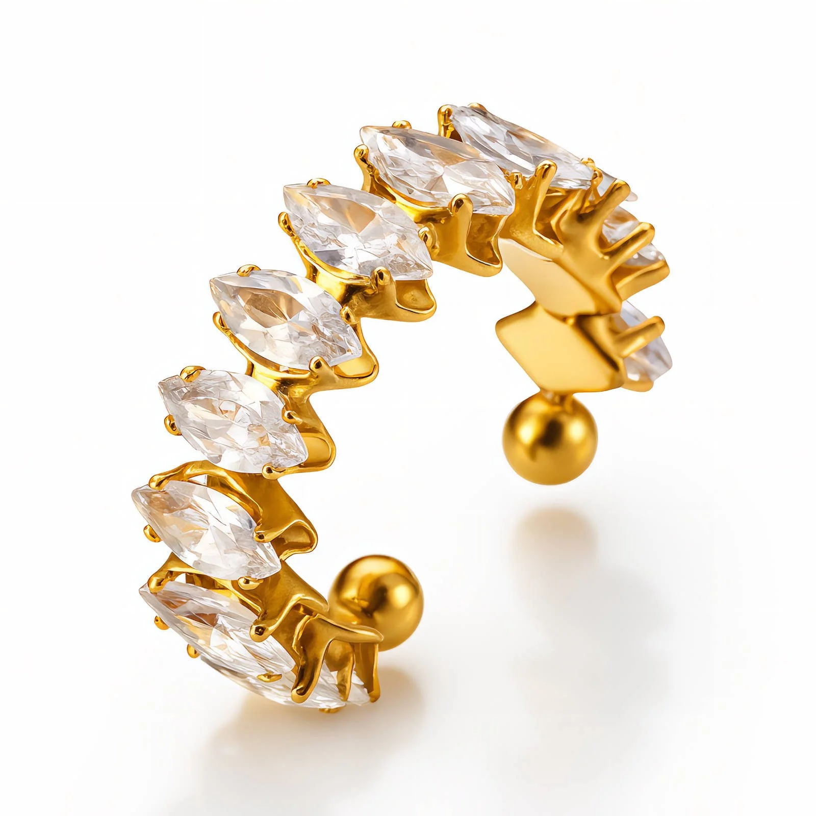 Gold PVD plated adjustable ring with marquise cubic zirconia stones on white background – LAURRÈ jewellery