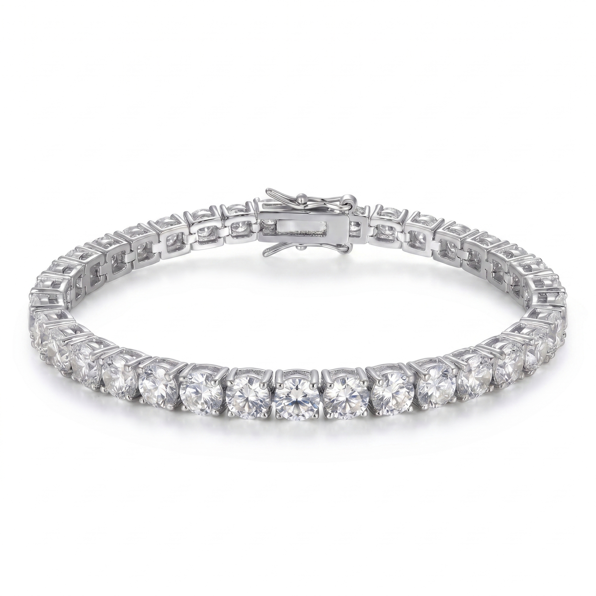 Close up of silver plated tennis bracelet with cubic zirconia stones