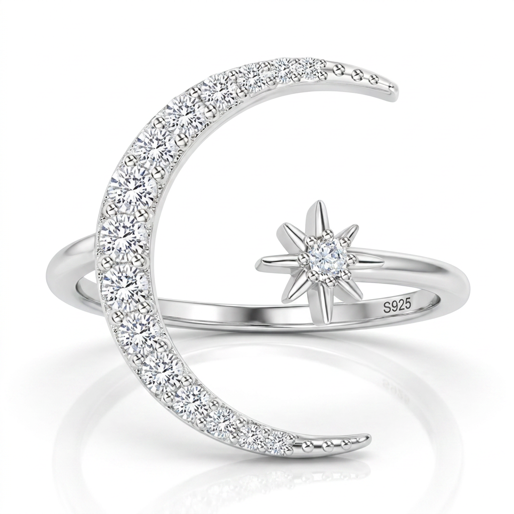 925 Sterling Silver Moon & Star Adjustable Ring – Sparkle Like the Night Sky