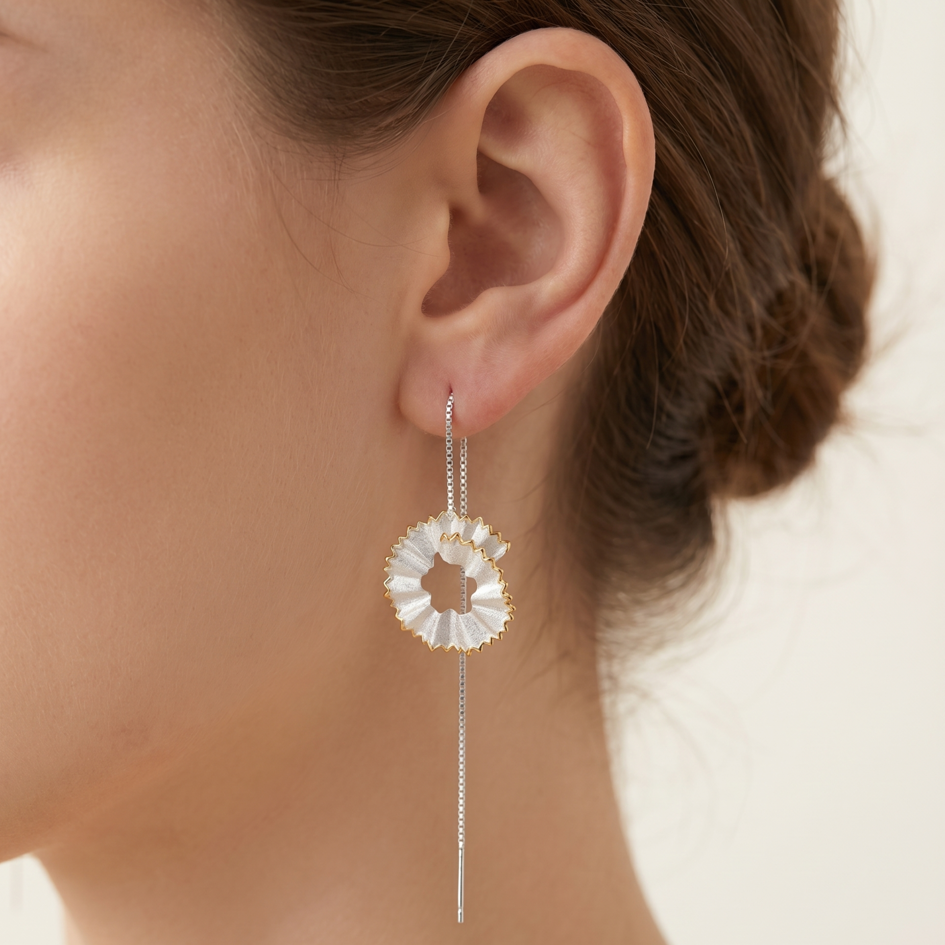 Woman Wearing 925 Sterling Silver Pencil Shaving Drop Earrings with Gold Plated Edges