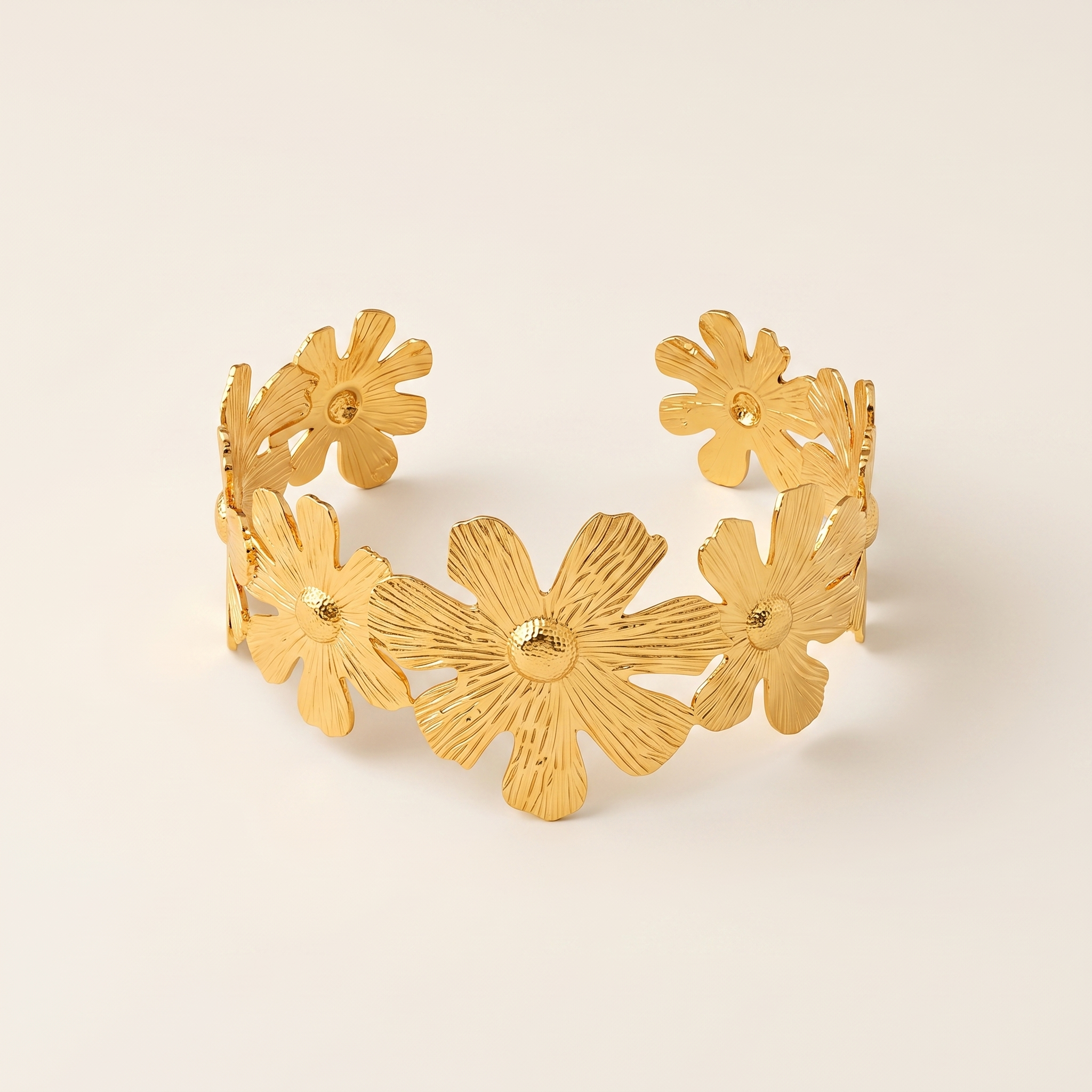 Gold Plated Stainless Steel Floral Cuff Bracelet with Engraved Flowers | Waterproof Statement Jewellery by LAURRÈ