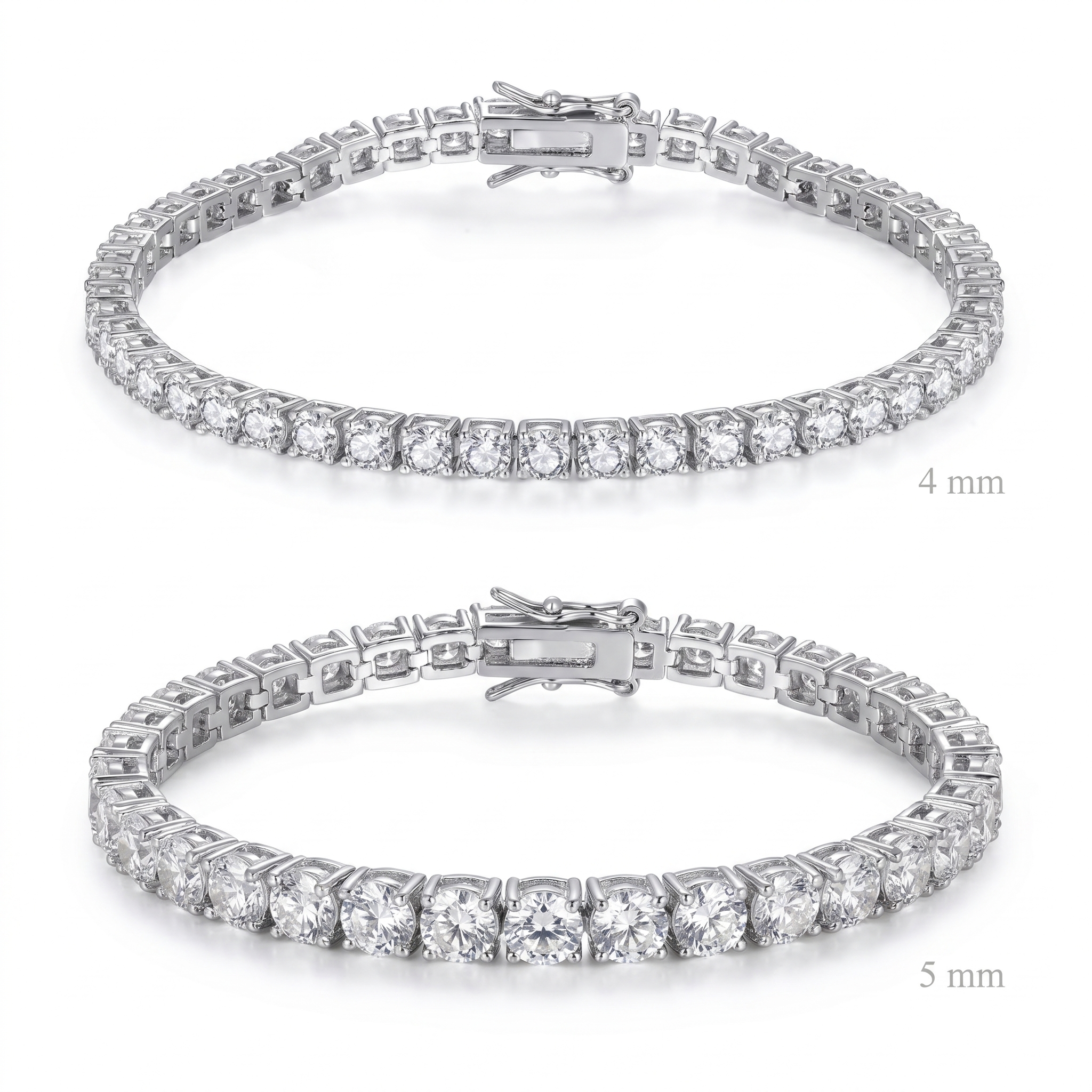 Comparison of silver plated tennis bracelets in 4 mm and 5 mm widths
