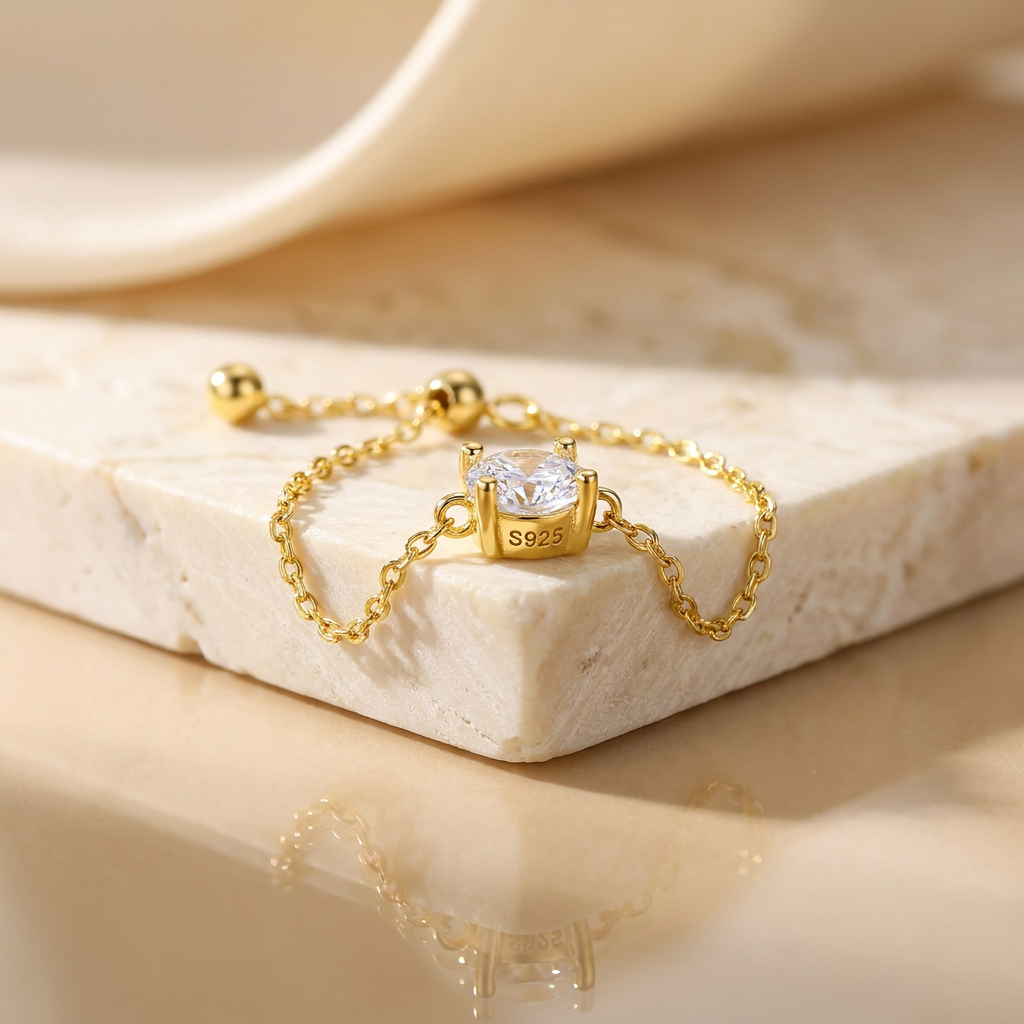 18K gold plated adjustable chain ring in 925 sterling silver featuring an oval cut zirconia stone and visible S925 hallmark, luxury minimalist jewelry for women