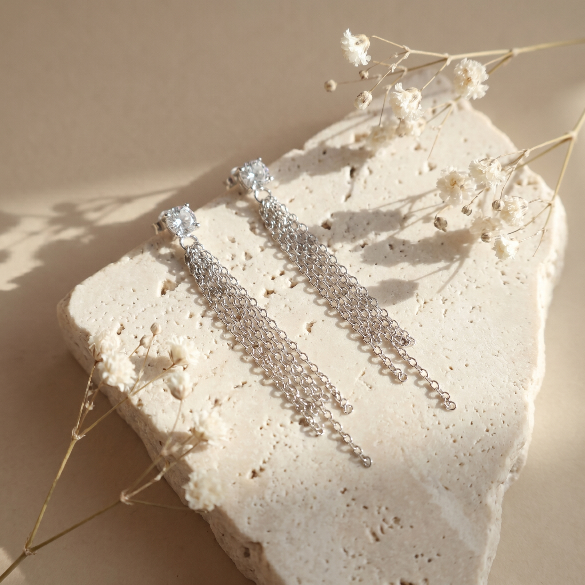 Elegant 925 Sterling Silver Tassel Earrings with Sparkling Zirconia Stones