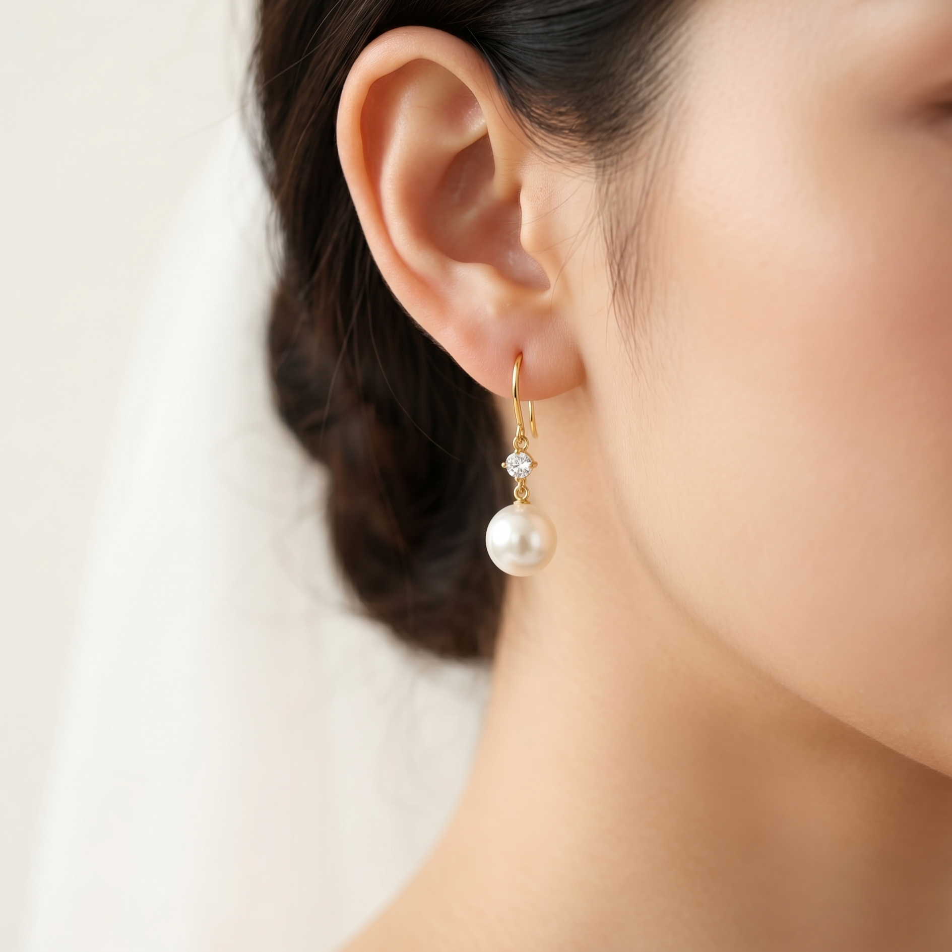 Woman Wearing Gold Plated 925 Sterling Silver Pearl Drop Earrings with Freshwater Pearls