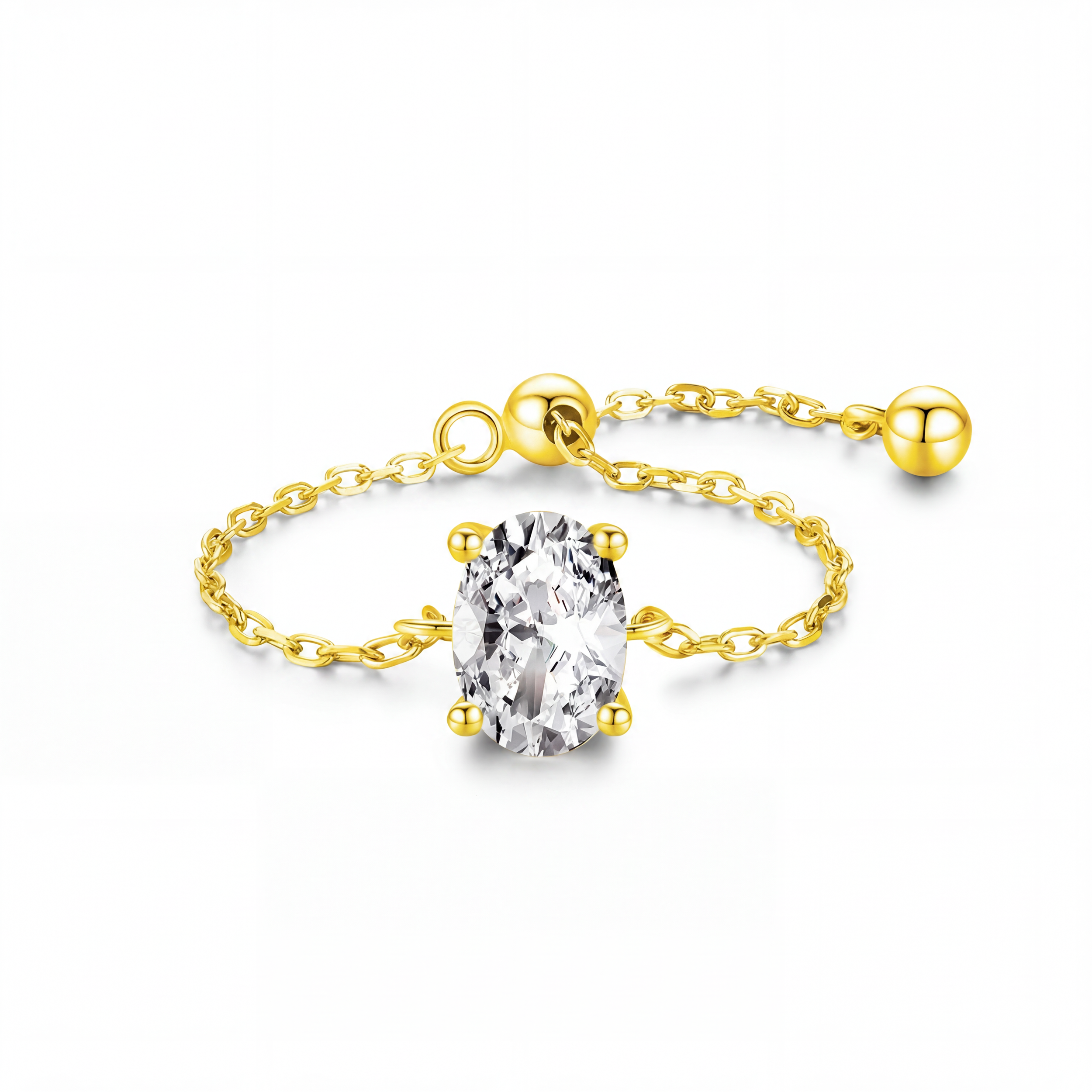 Adjustable Chain Ring – 925 Sterling Silver Oval Cut Cubic Zirconia Ring