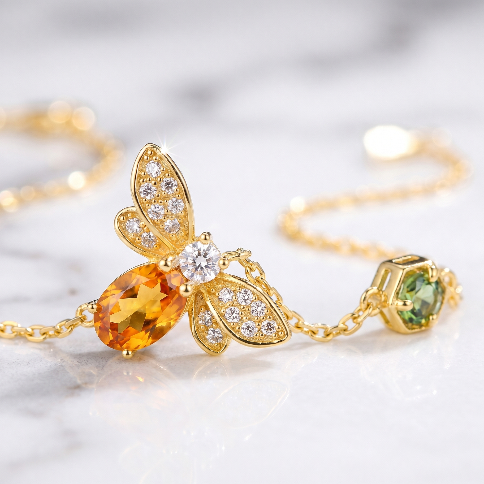 Macro Detail of Gold Plated 925 Sterling Silver Bee Bracelet with Natural Citrine and Cubic Zirconia Stones