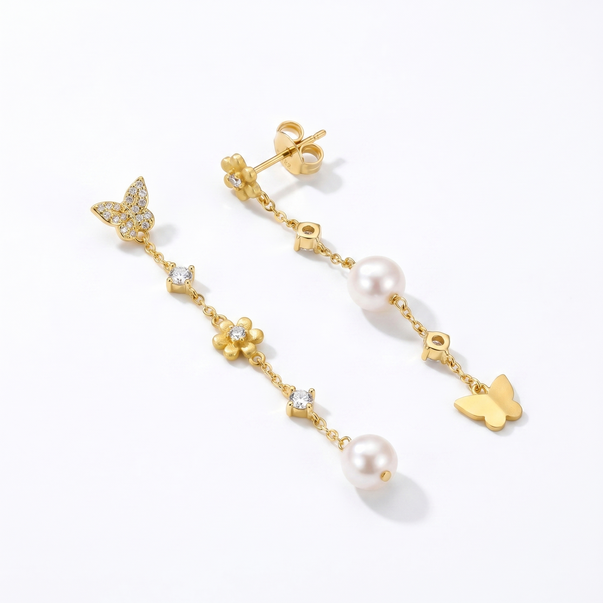 925 sterling silver asymmetrical butterfly and pearl earrings, 18K gold plated long drop earrings with zirconia details