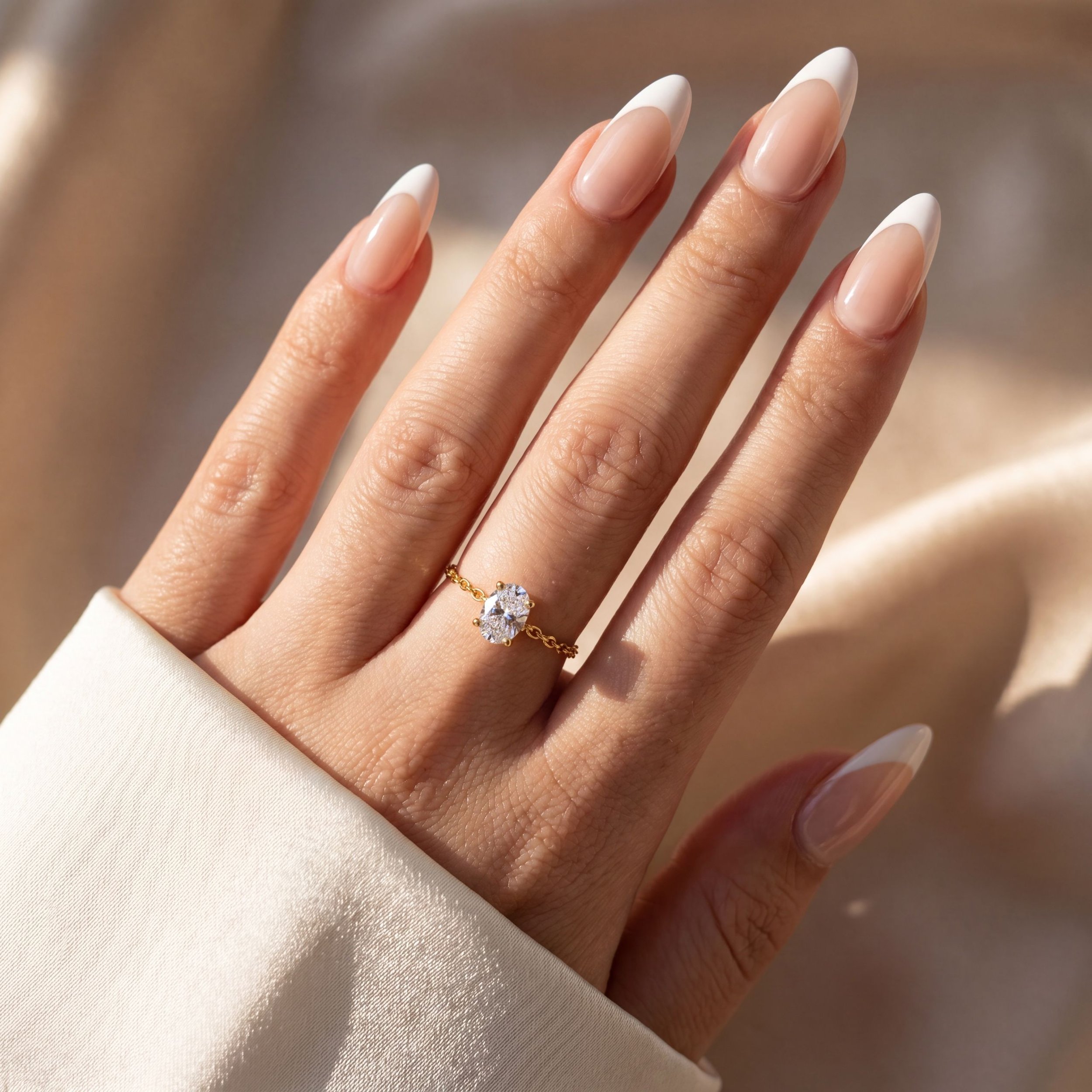 Adjustable Oval Cut Cubic Zirconia Chain Ring on Hand in 925 Sterling Silver