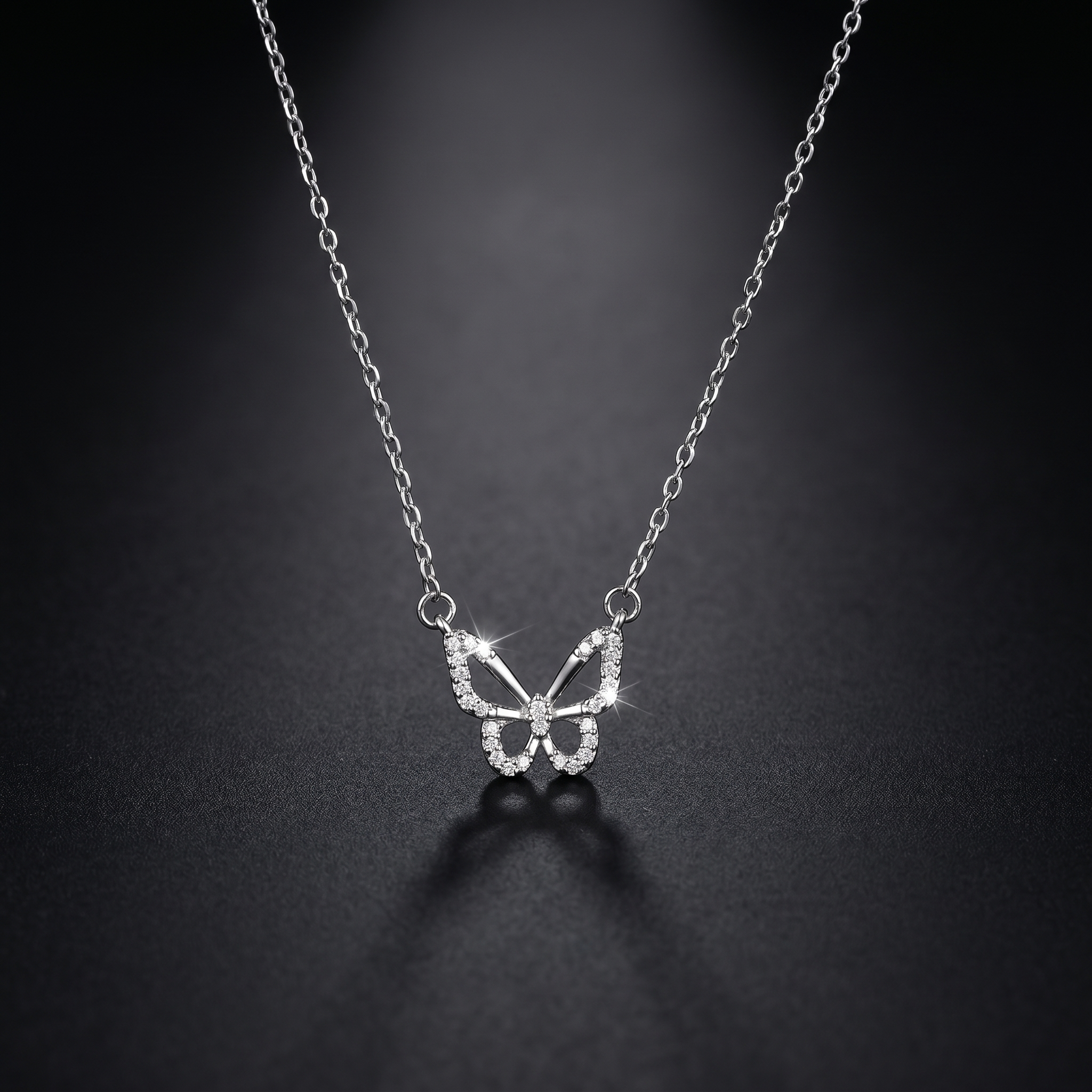 Sparkling butterfly necklace in 925 sterling silver with AAA zirconia stones on a luxury black background