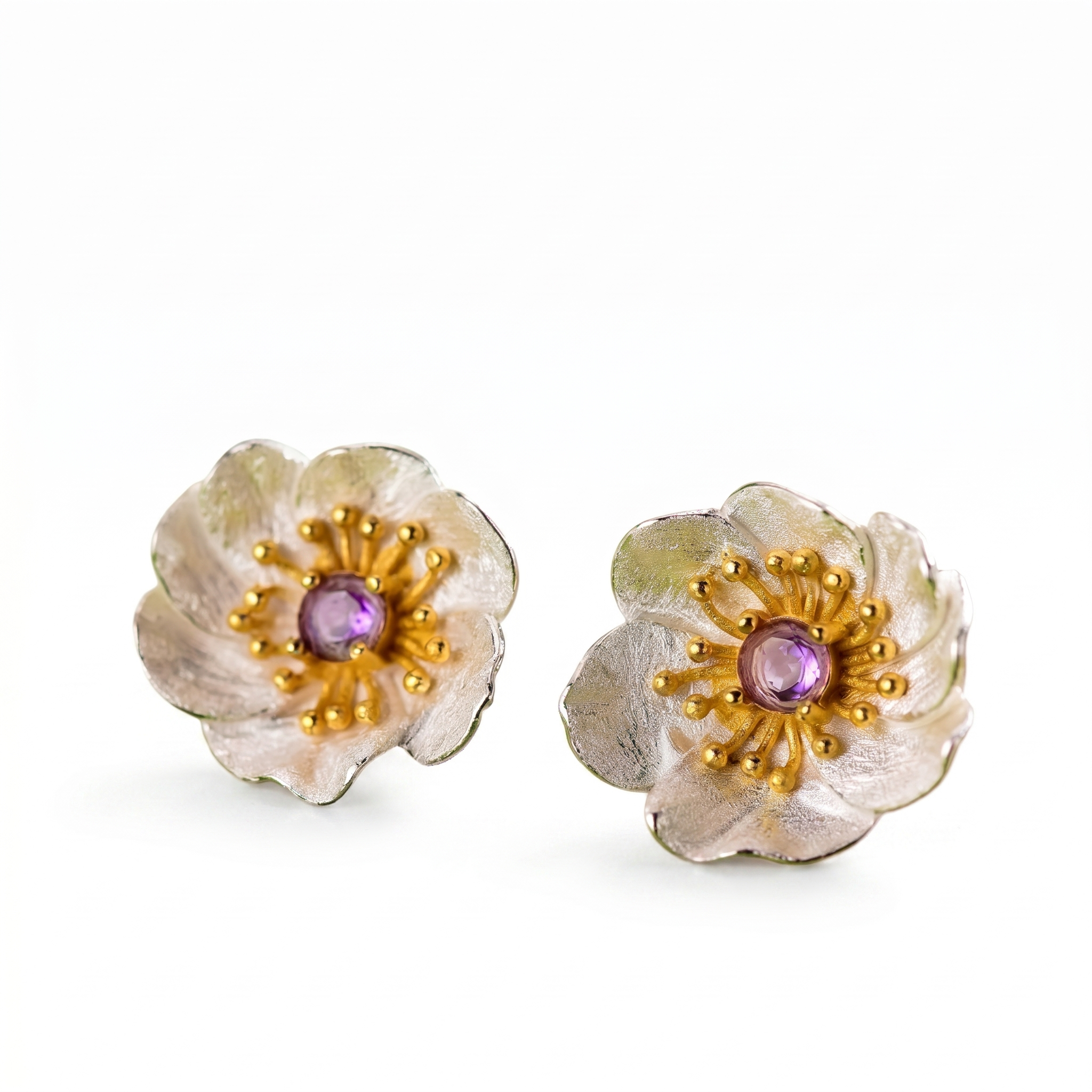 925 Sterling Silver Handcrafted Flower Stud Earrings with Tourmaline
