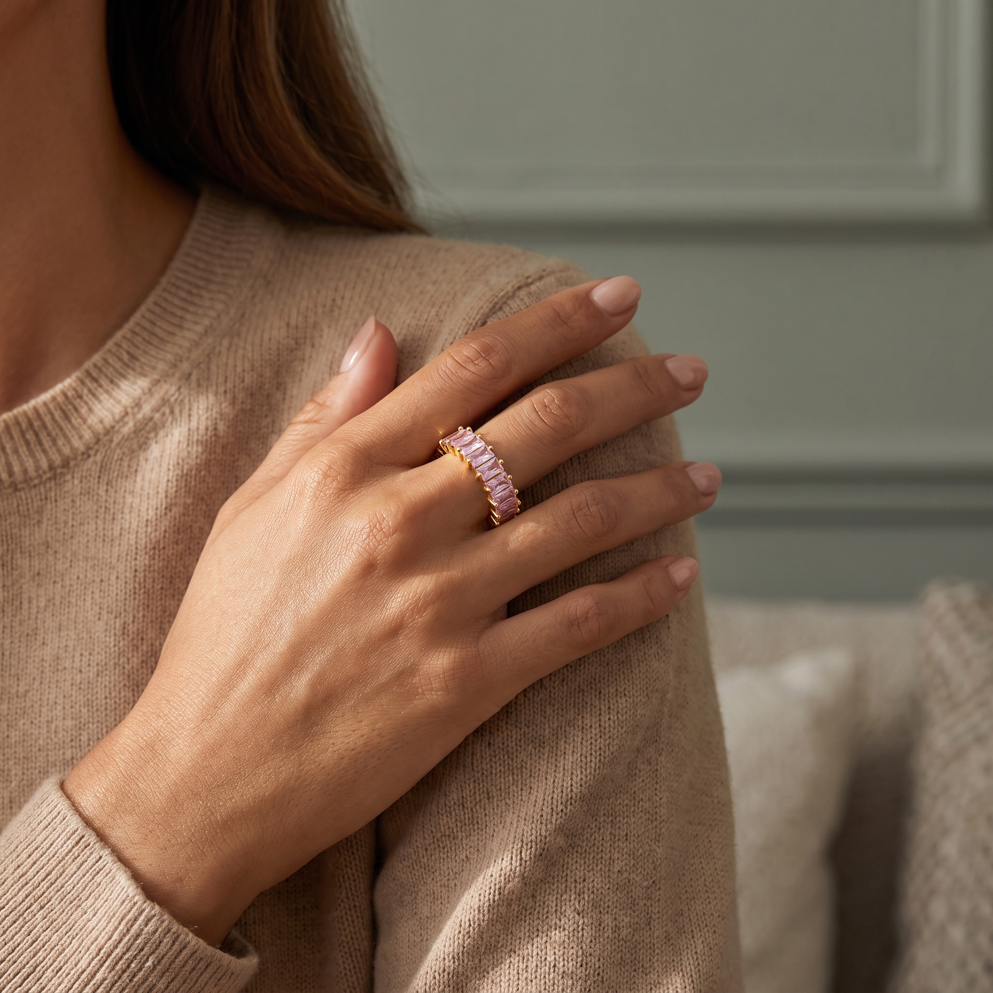 Woman wearing gold pink cubic zirconia adjustable ring – LAURRÈ jewellery UK