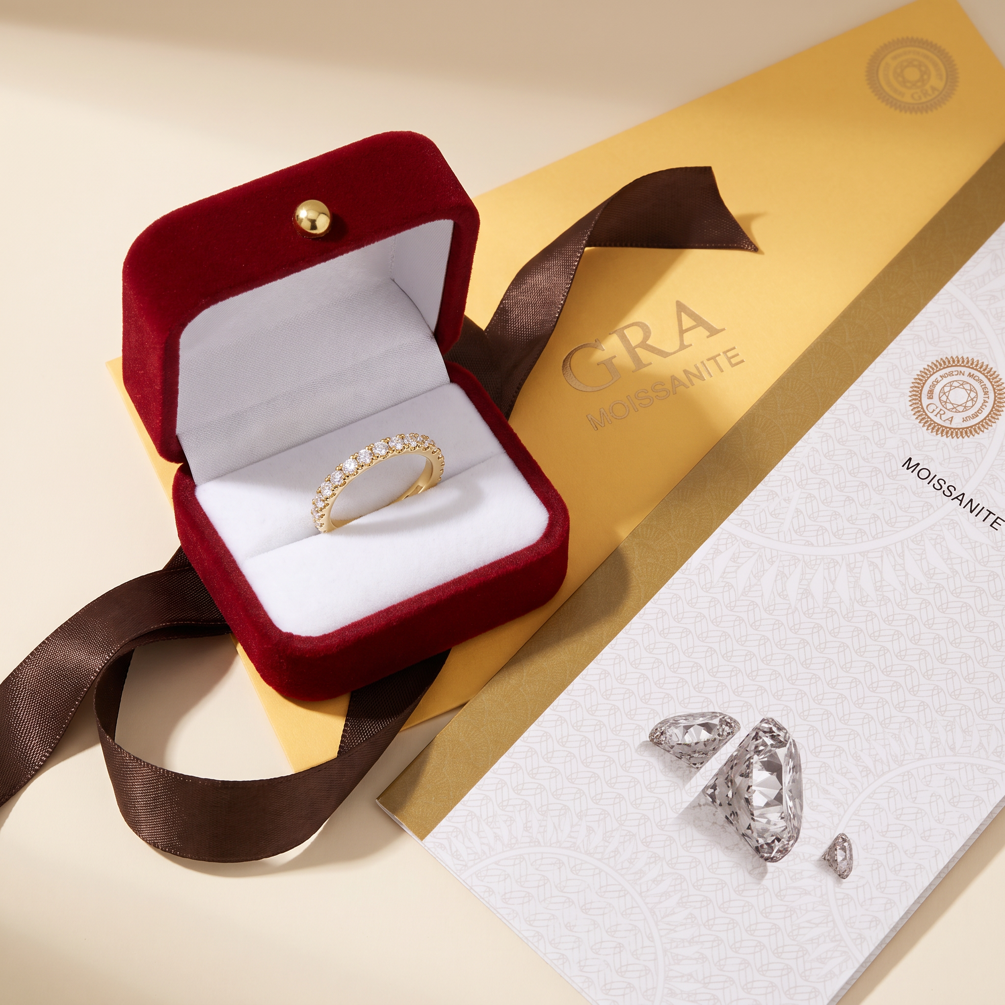 Gold pavé moissanite ring with GRA certificate and jewellery gift box