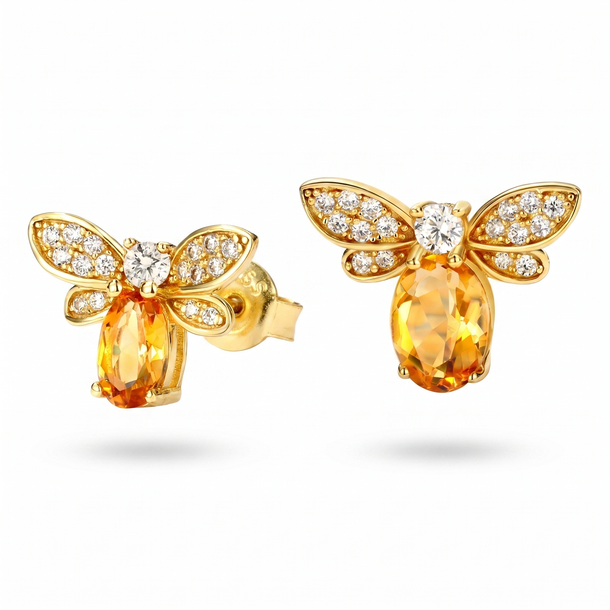 Gold Honey Bee Stud Earrings – 18K Gold Plated 925 Sterling Silver Citrine & Zirconia Earrings for Women