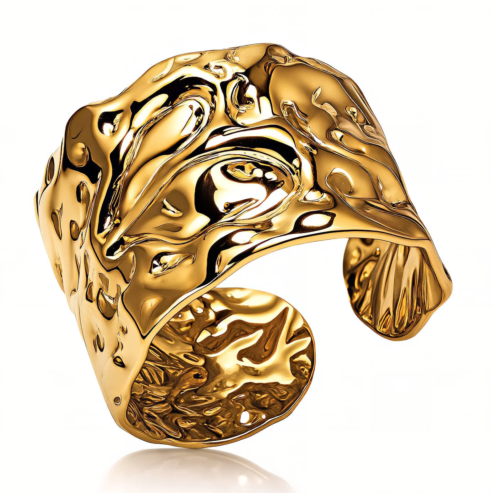 MOLTEN adjustable PVD gold-plated statement ring with sculptural molten texture on a white background