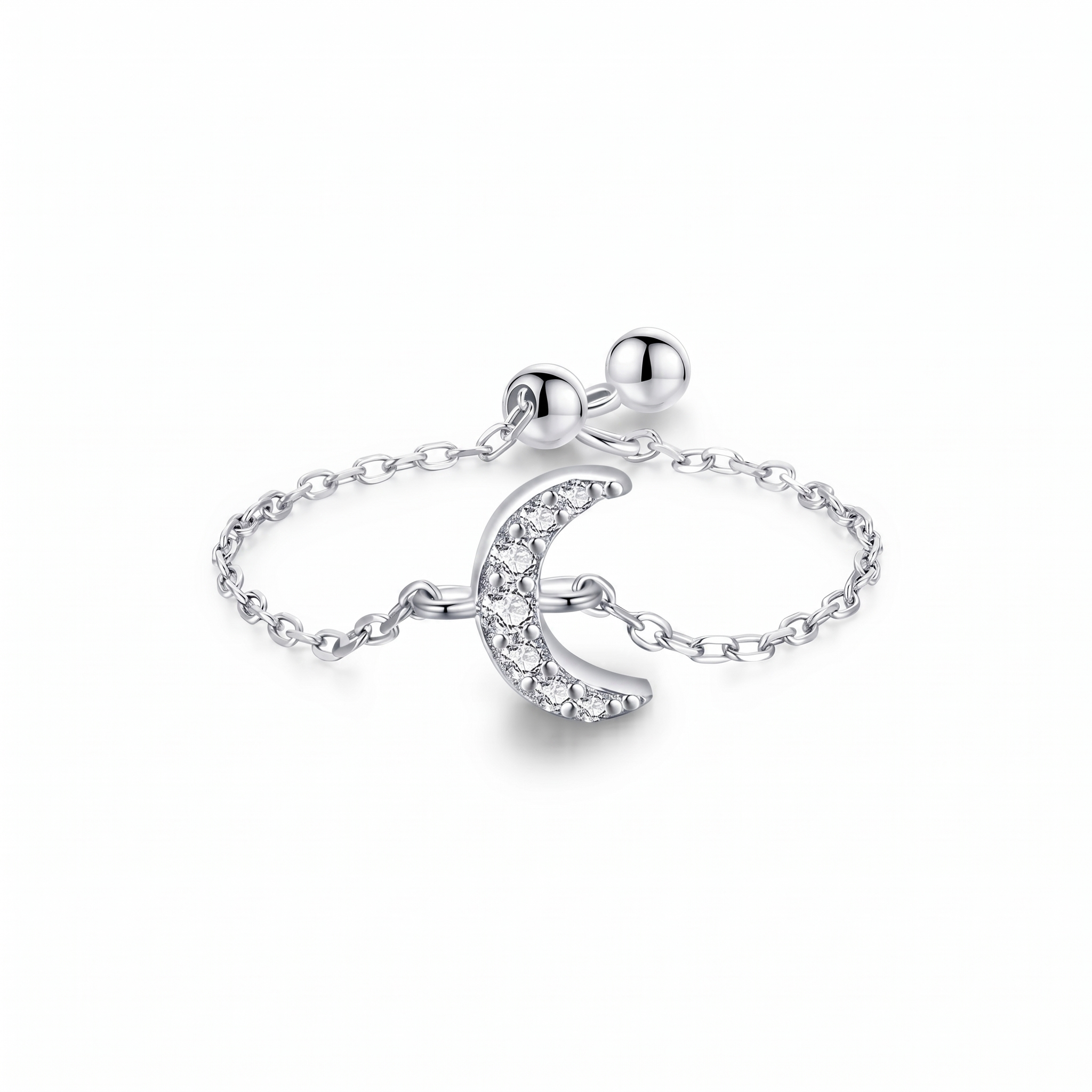 Adjustable Moon Chain Ring Silver – 925 Sterling Silver Crescent Moon Ring with Cubic Zirconia