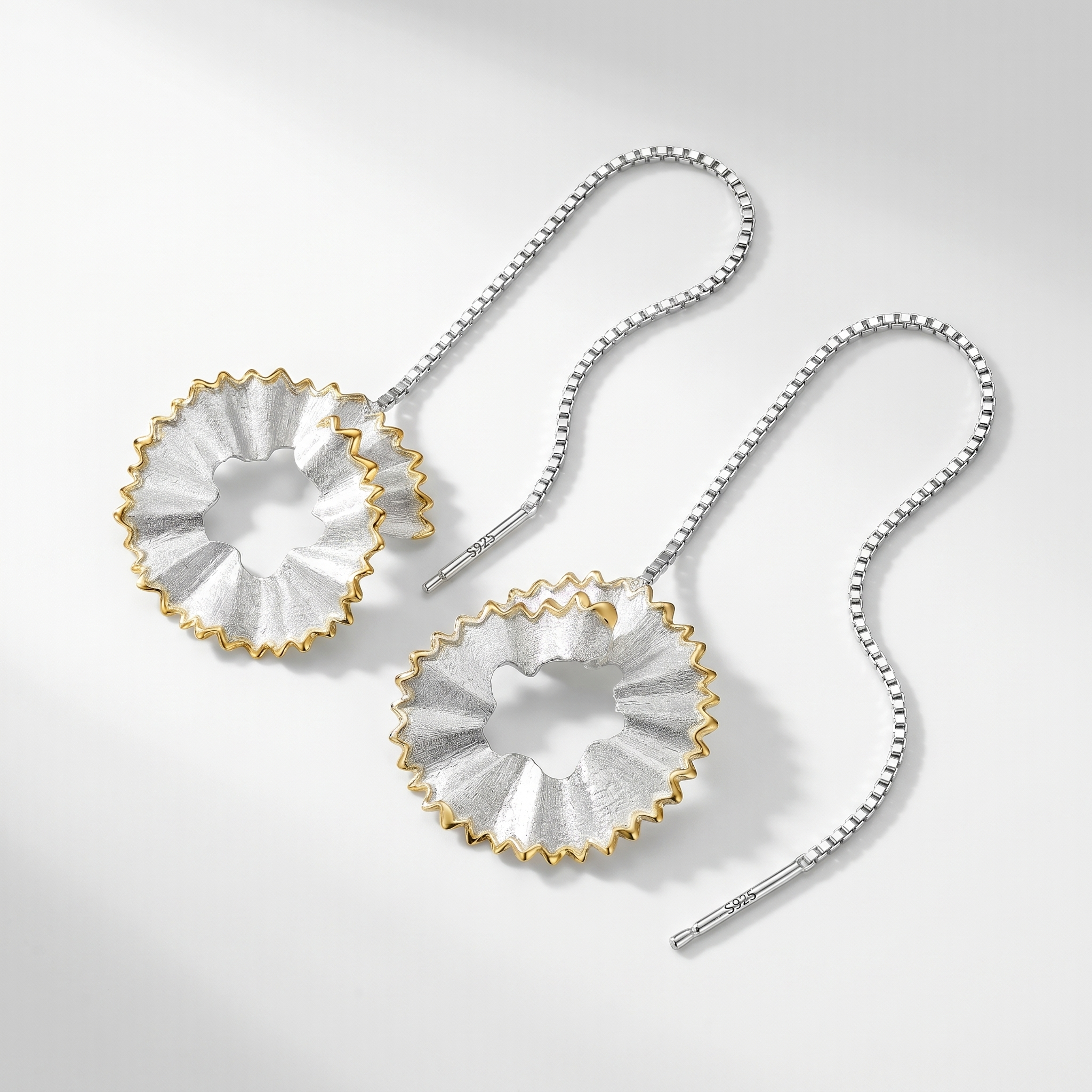 Luxury 925 Sterling Silver Long Chain Earrings with Pencil Shaving Design and 18K Gold Plated Detailing