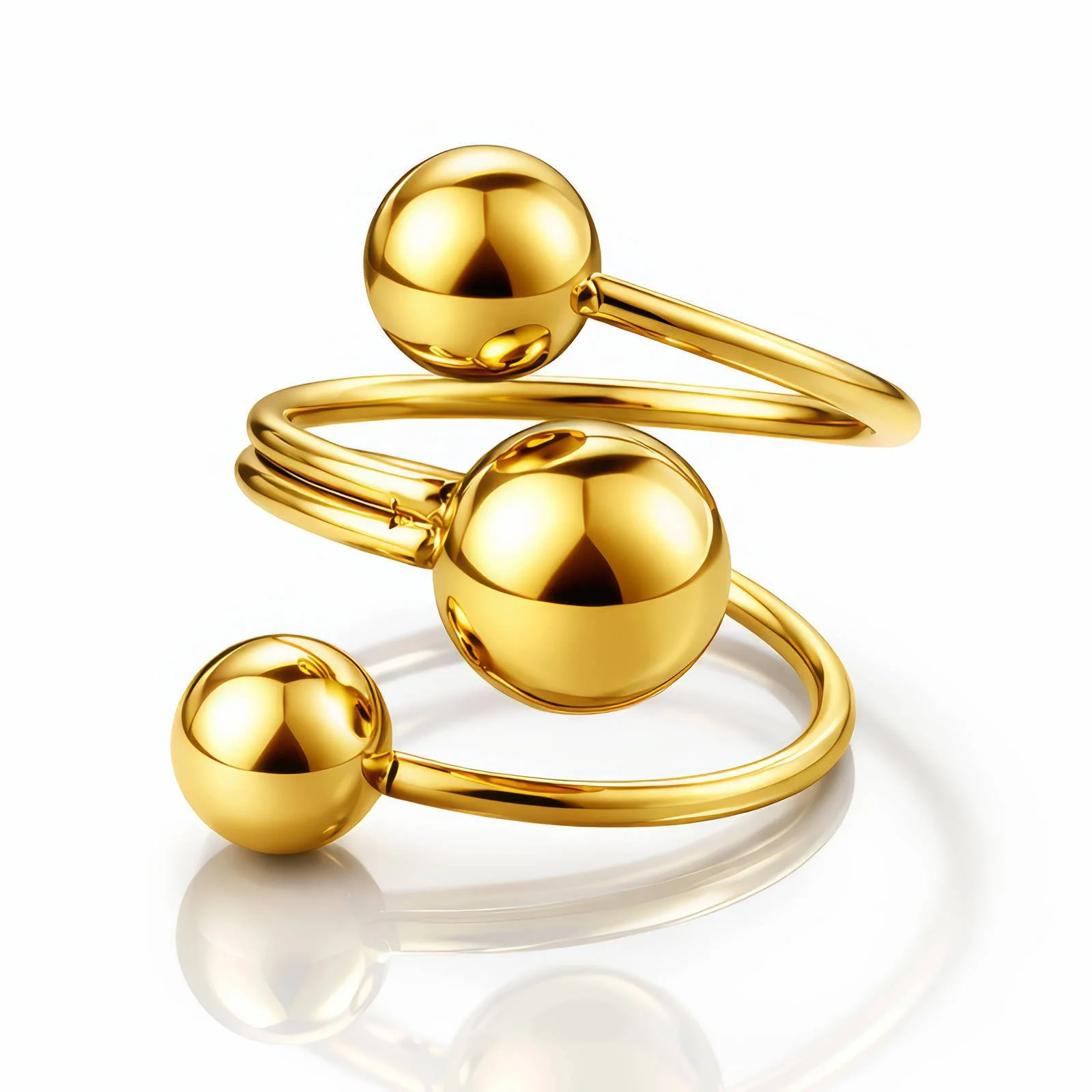 Orbelle adjustable 18K gold plated stainless steel ring with three polished gold spheres on white background