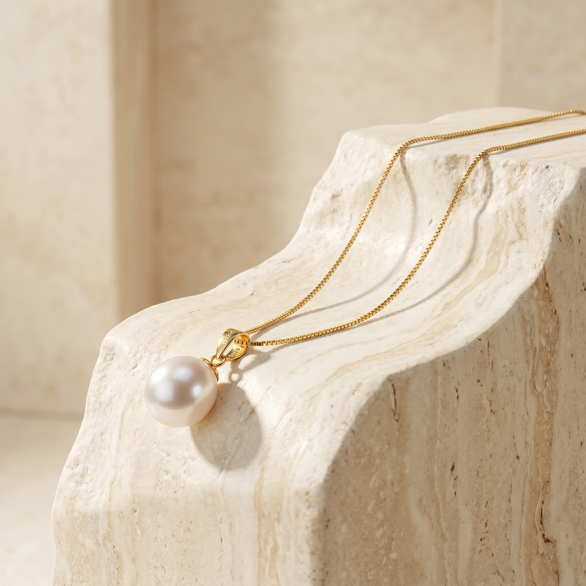 Freshwater pearl pendant necklace displayed on luxury stone pedestal with soft natural light.