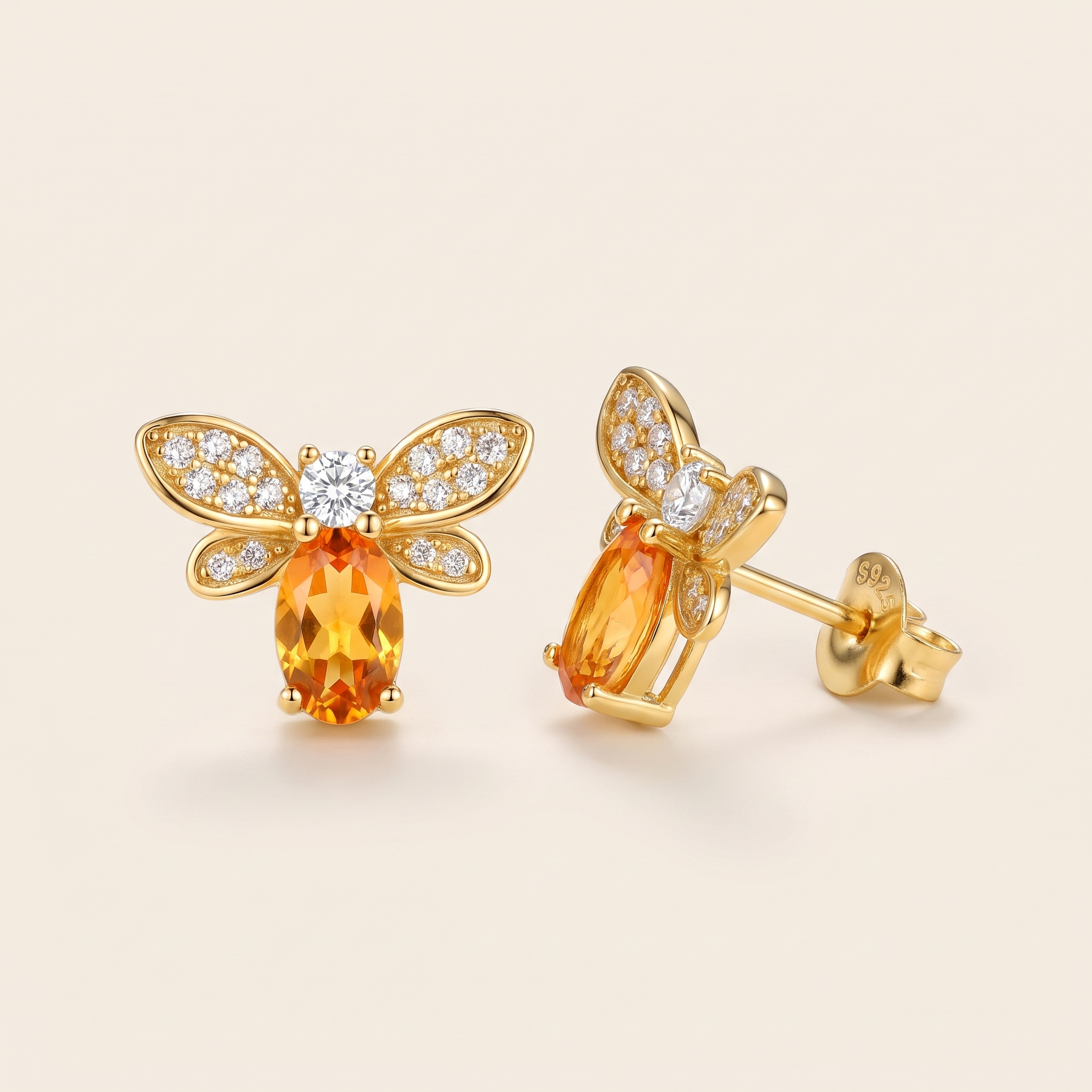 Honey Bee Citrine Stud Earrings in Gold