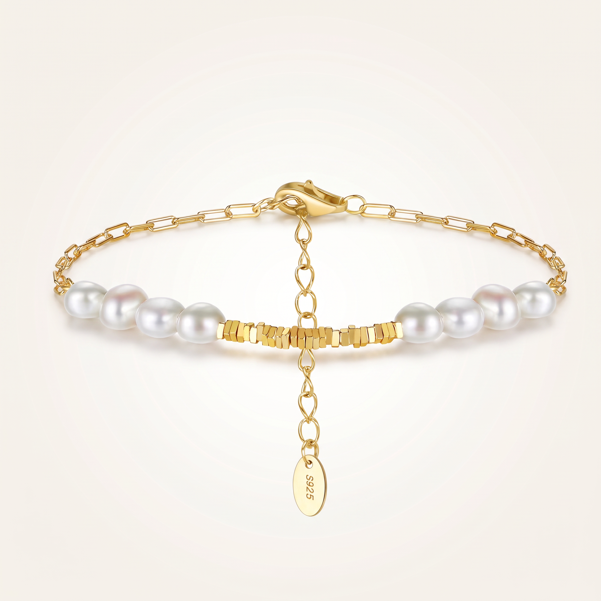 Pearl & Paperclip Chain Bracelet in Gold