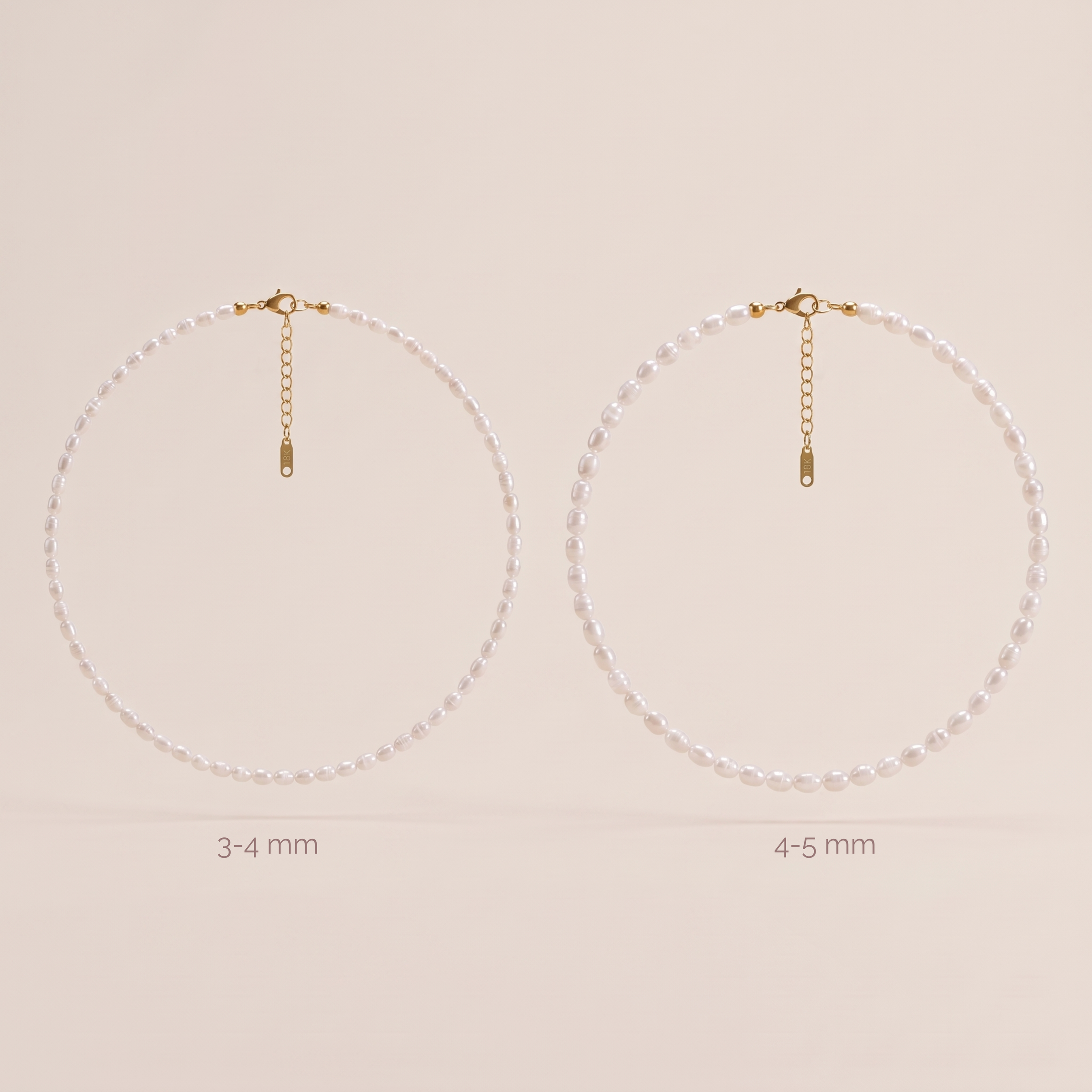 Freshwater rice pearl choker necklace size comparison showing 3–4 mm and 4–5 mm white pearl options side by side.