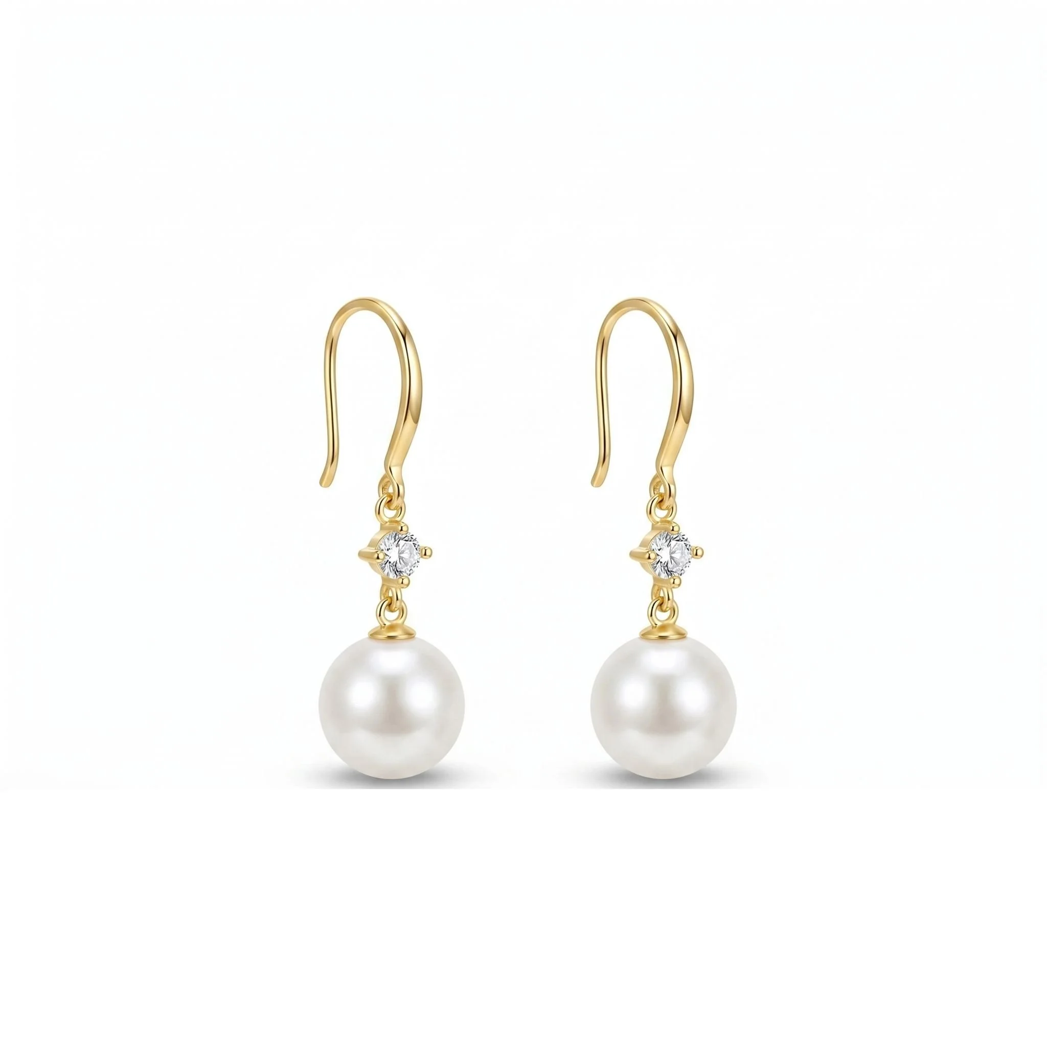 Gold Plated 925 Sterling Silver Pearl Drop Earrings with Zirconia Accent on White Background