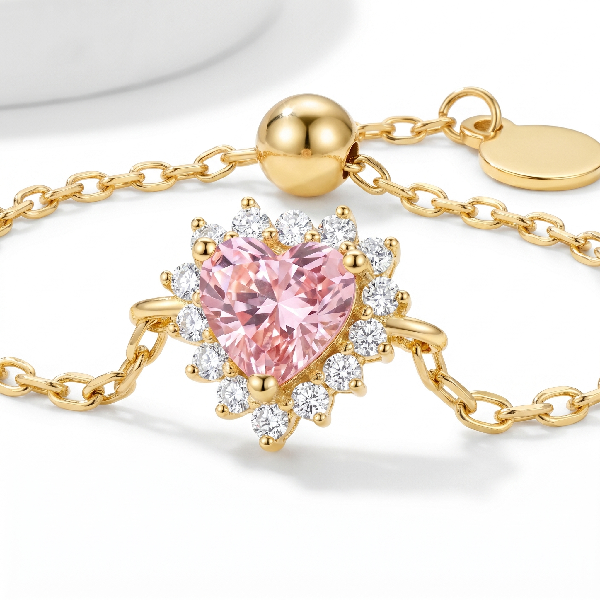 Pink Heart AAAA Zirconia Adjustable Ring in 925 Sterling Silver Macro Close Up