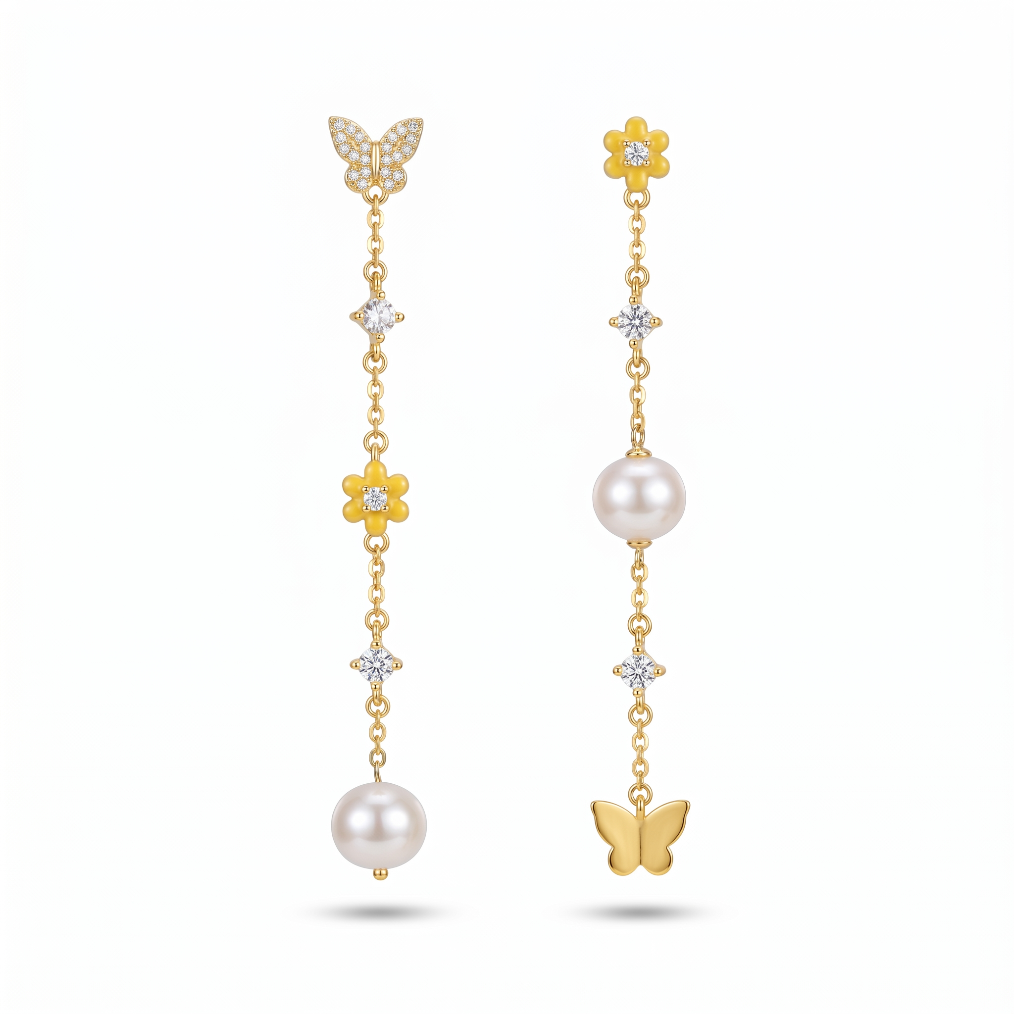 Gold Plated 925 Sterling Silver Long Drop Butterfly & Pearl Earrings
