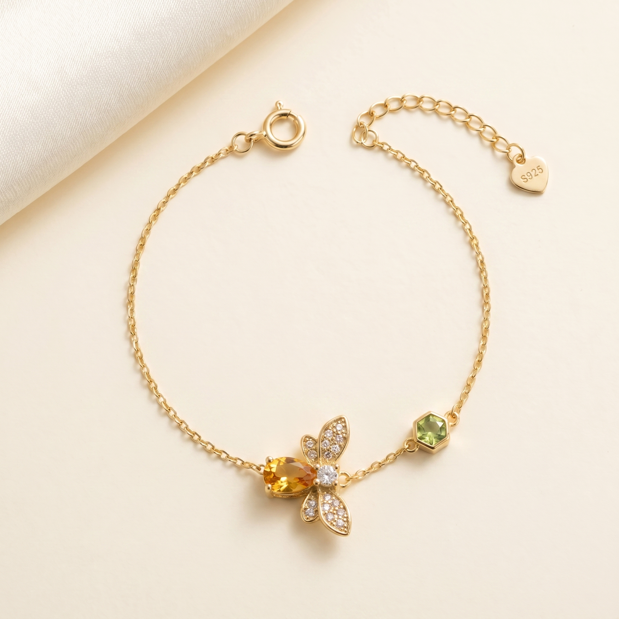 Adjustable Gold Plated 925 Sterling Silver Bee Bracelet with Natural Citrine Gemstone and Extension Chain