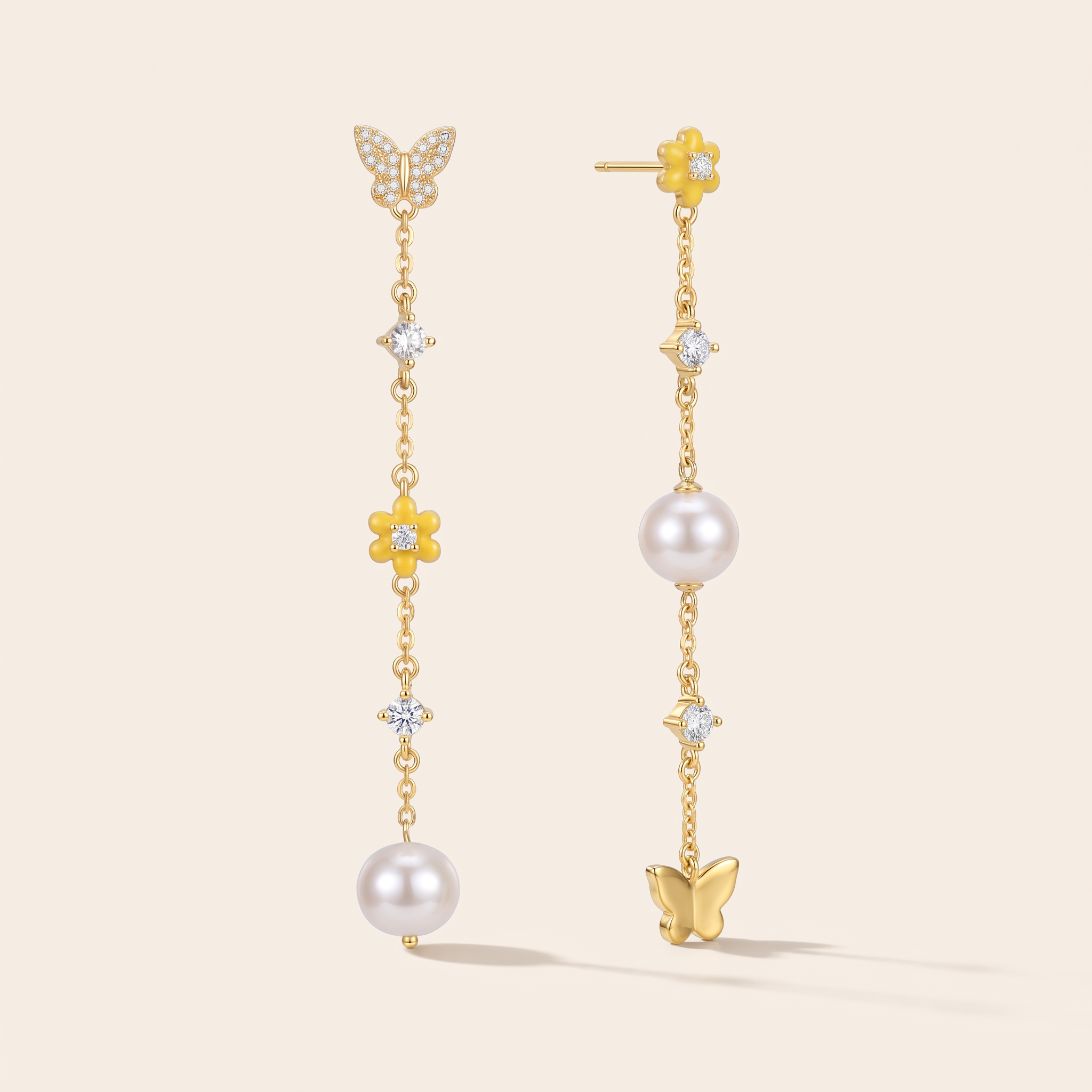 Butterfly & Pearl Asymmetric Drop Earrings in Gold