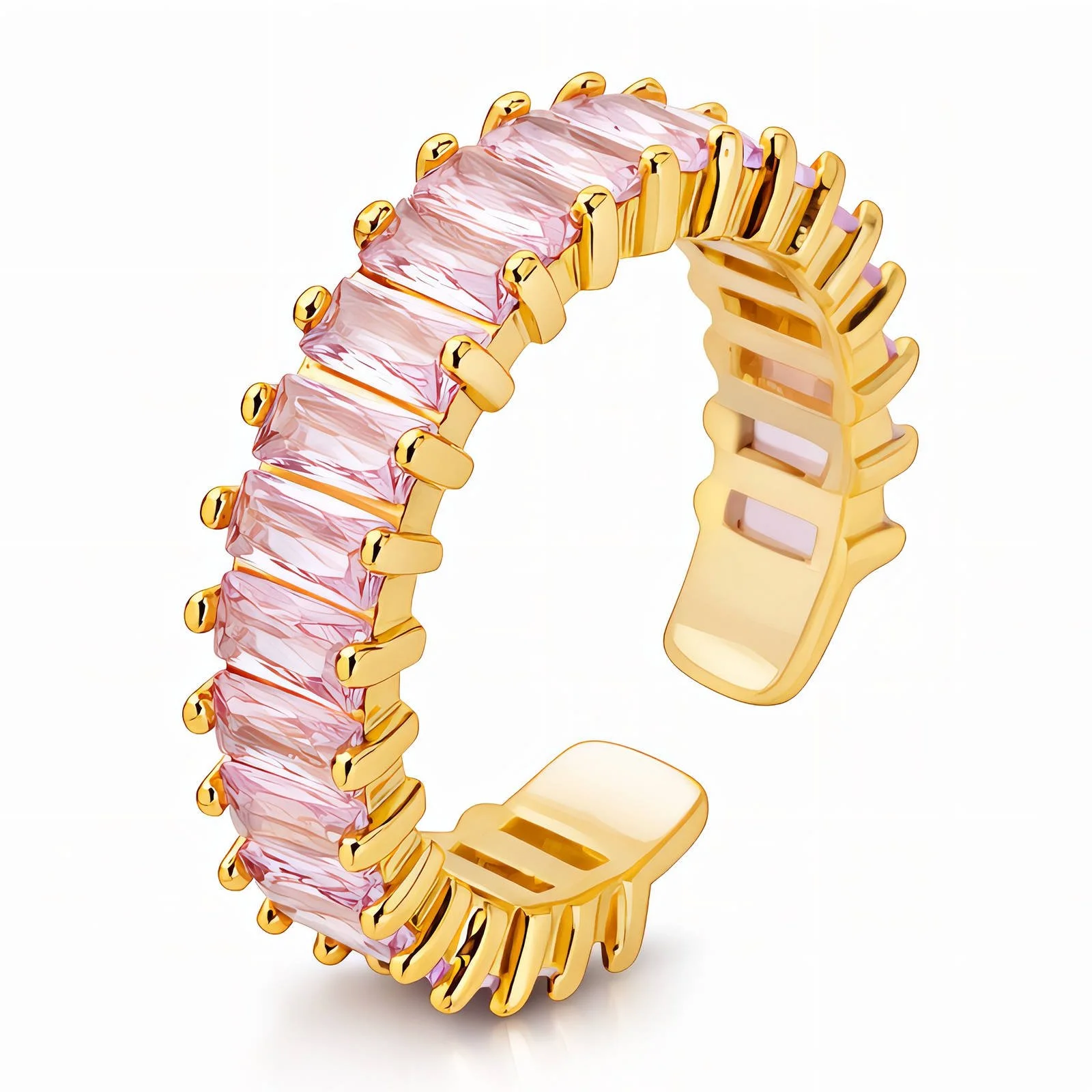 Gold PVD plated pink cubic zirconia adjustable ring on white background – LAURRÈ