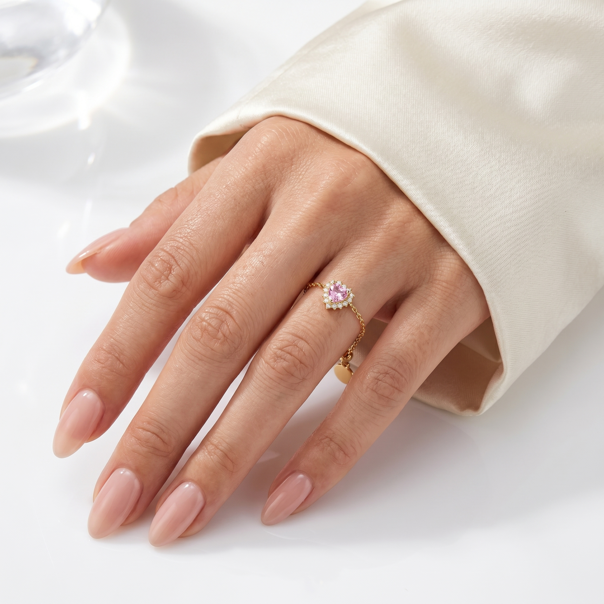 Pink Heart Adjustable Sterling Silver Ring on Hand Luxury Jewellery Styling