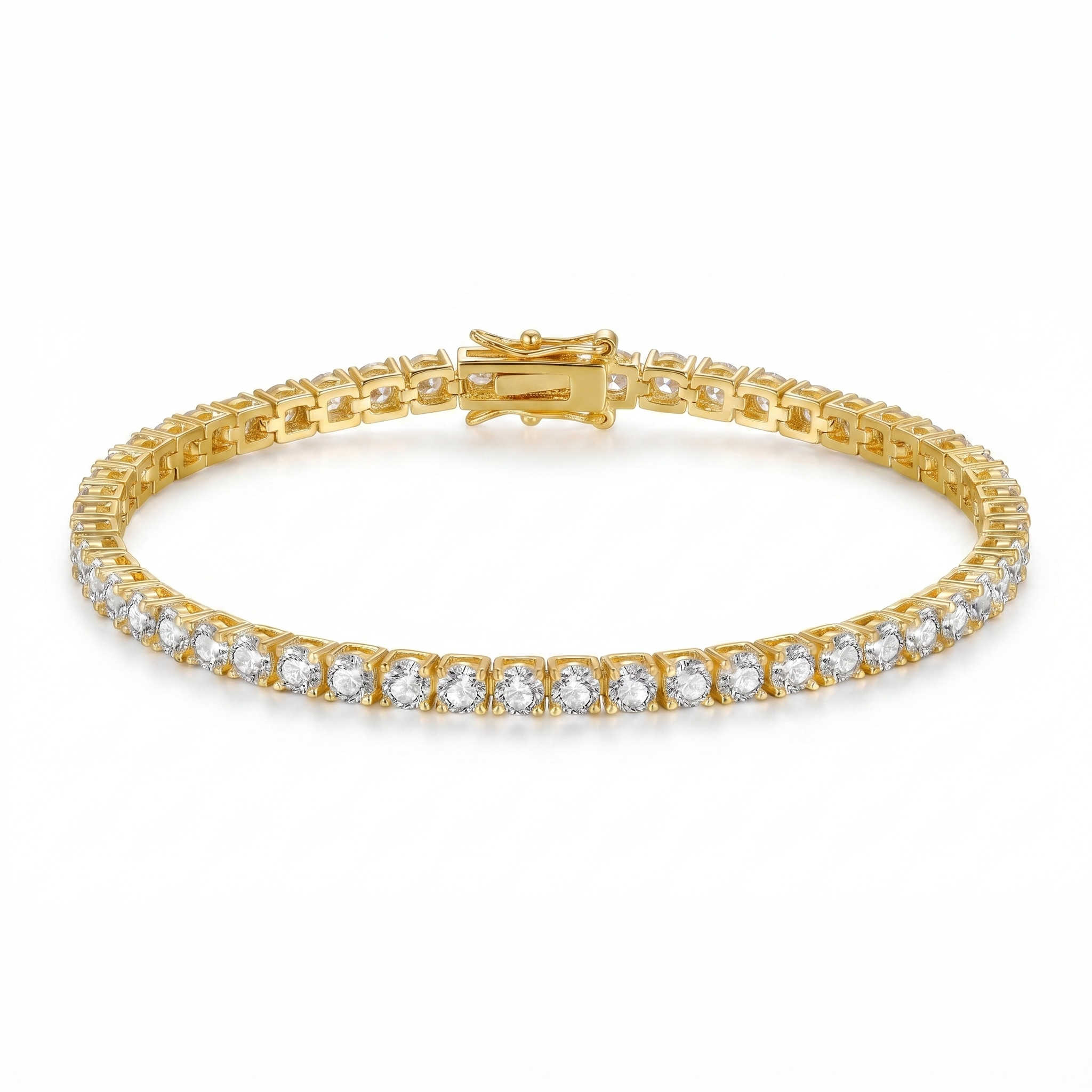Side profile of gold plated tennis bracelet with AAA cubic zirconia