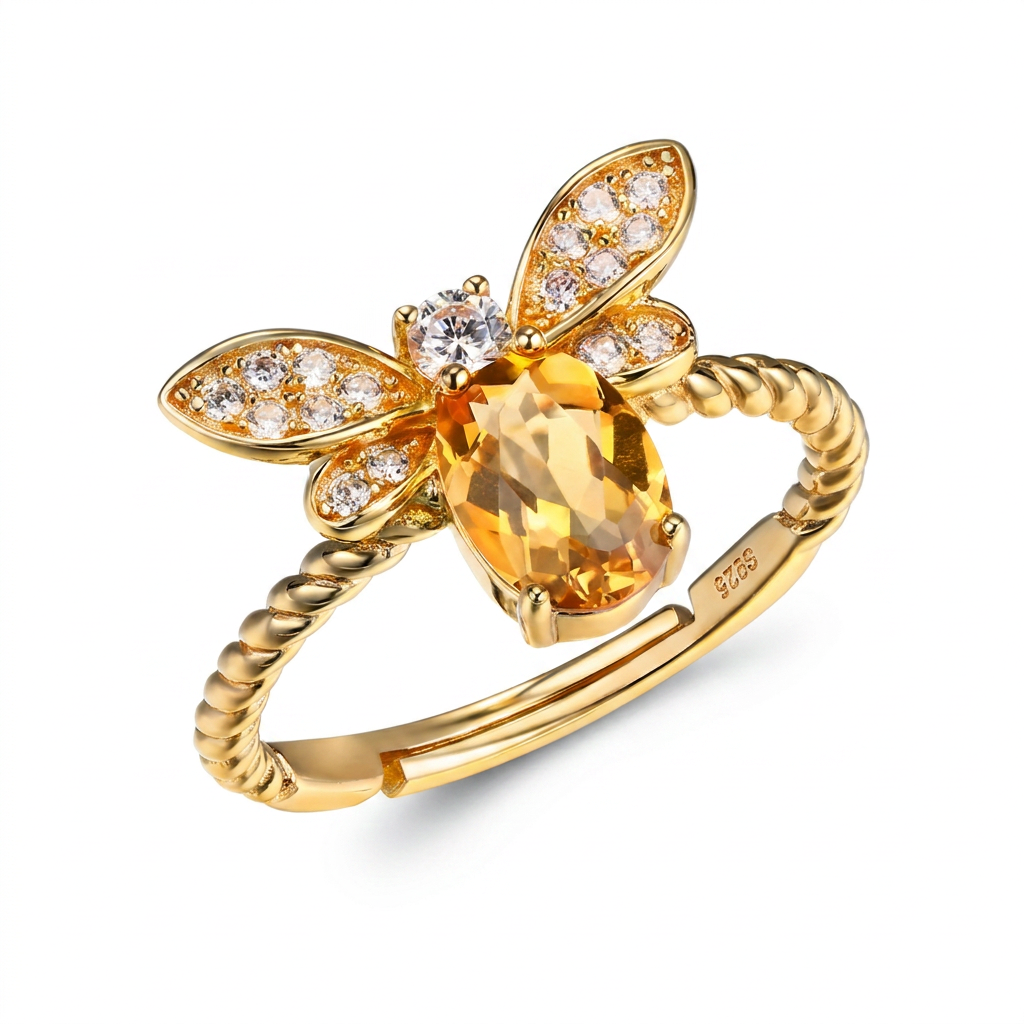 925 Sterling Silver Bee Ring with Citrine Gemstone – Adjustable, 18K Gold Plated