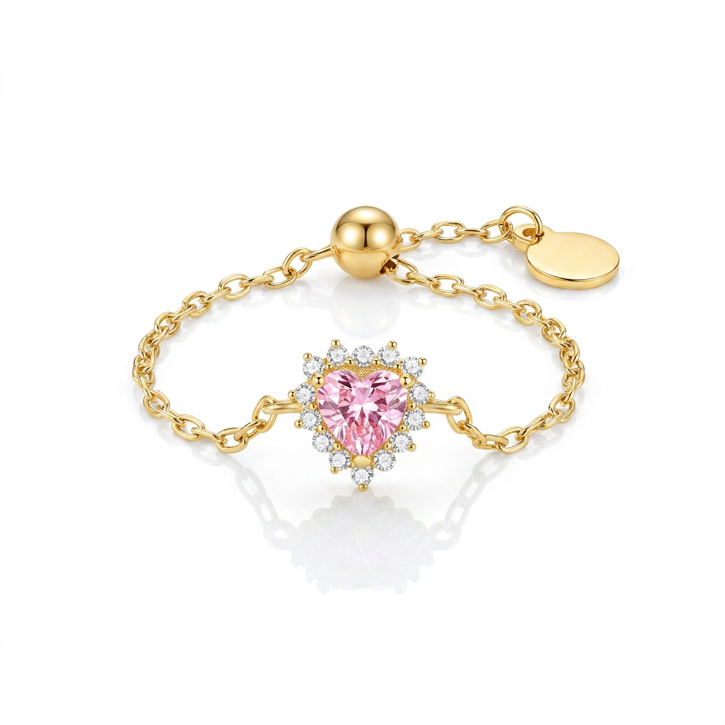 Elegant adjustable pink heart ring crafted from genuine 925 sterling silver and premium AAAA cubic zirconia. Waterproof, hypoallergenic and designed to fit most finger sizes comfortably.