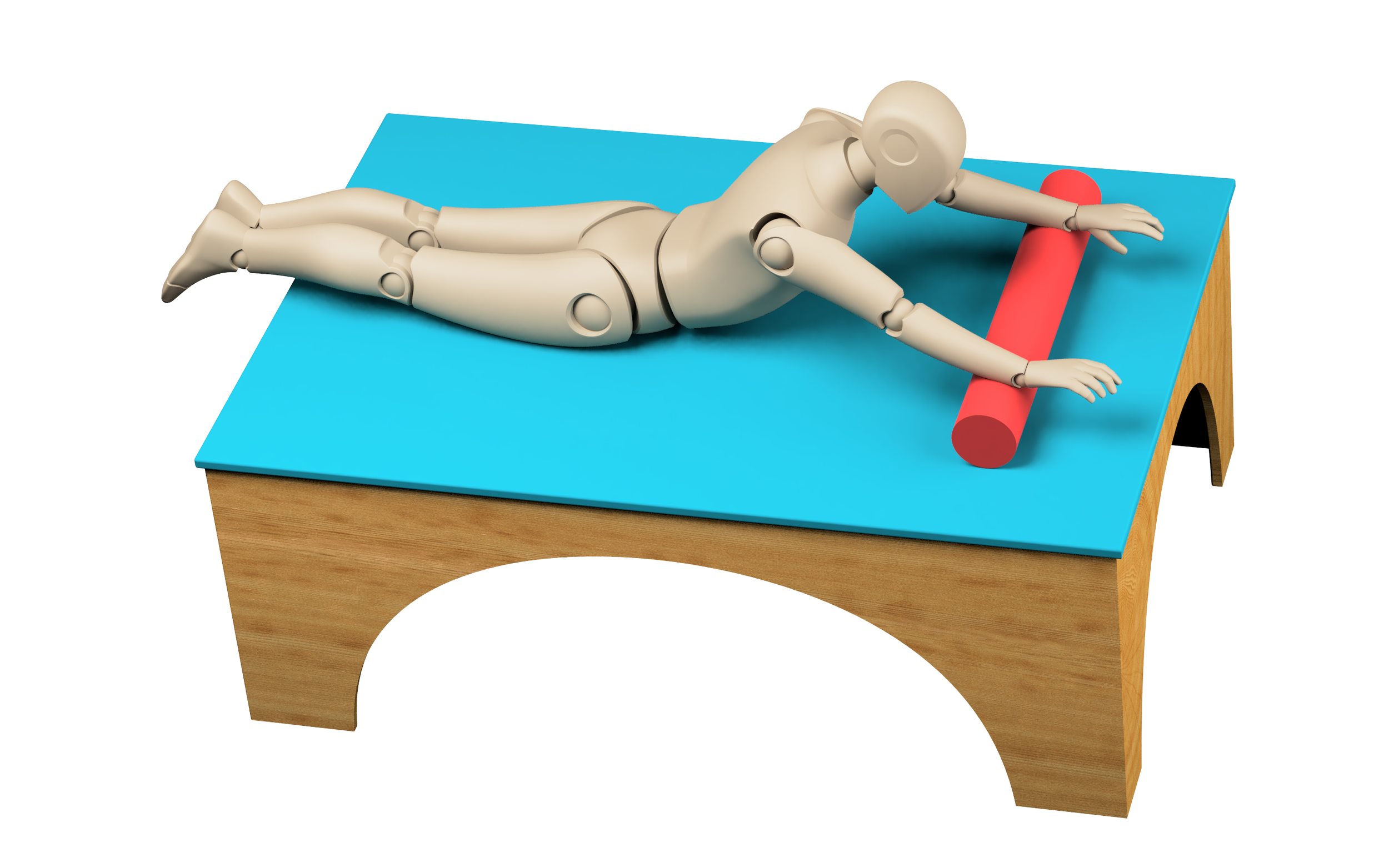 Photo of a human figure, lying belly-down on a padded exercise table using a foam roller under their hands and wrists to roll out and stretch their spine